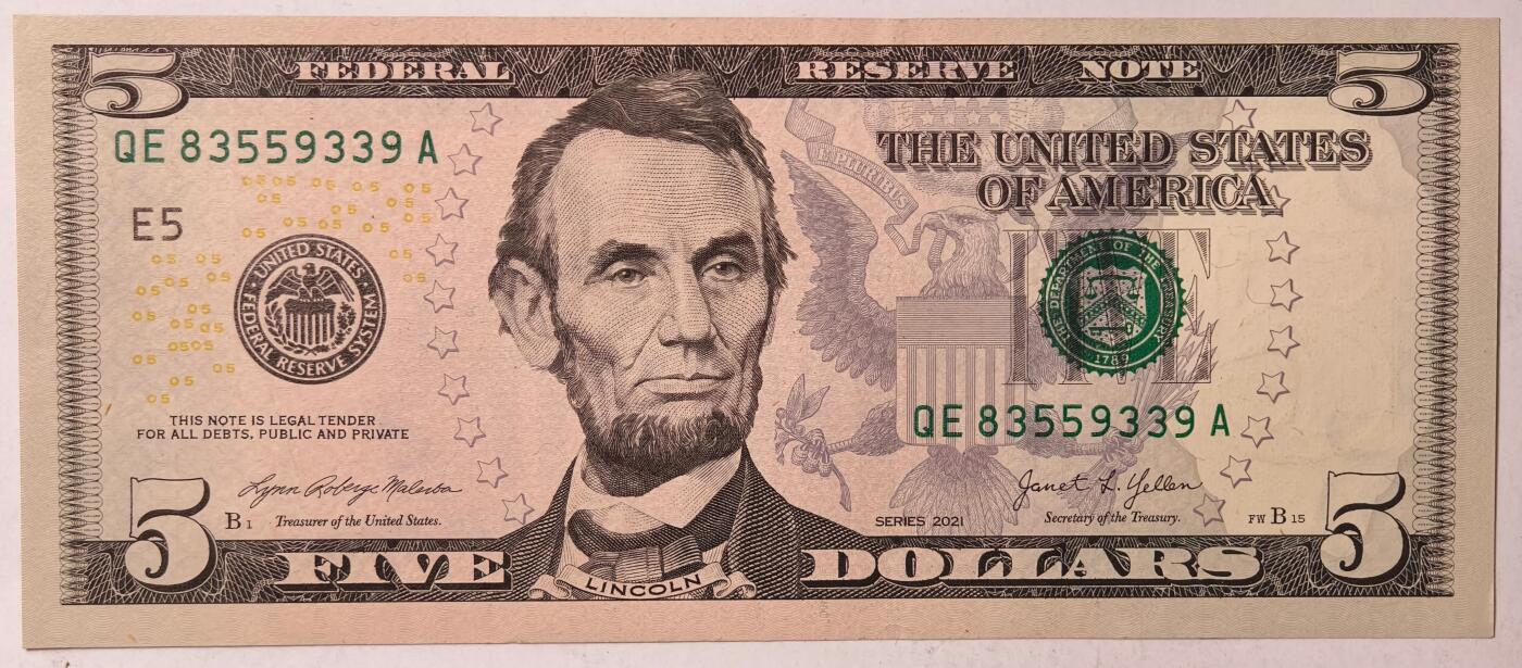 紫瑗钱币——第363期拍卖——纸币场 美国 2021年 E版 无序列 亚伯拉罕·林肯 5美元 彩色版 UNC