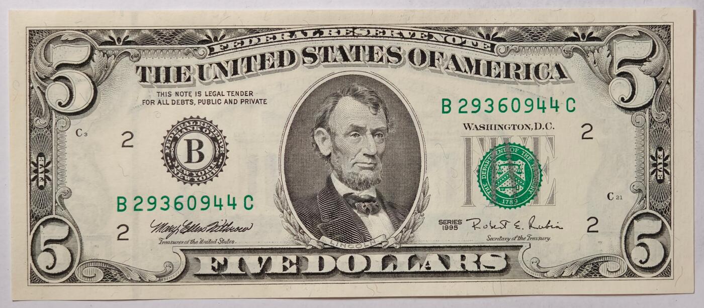 紫瑗钱币——第363期拍卖——纸币场 【双尾4】美国 1995年 B版 无序列 亚伯拉罕·林肯 5美元 小头版 UNC
