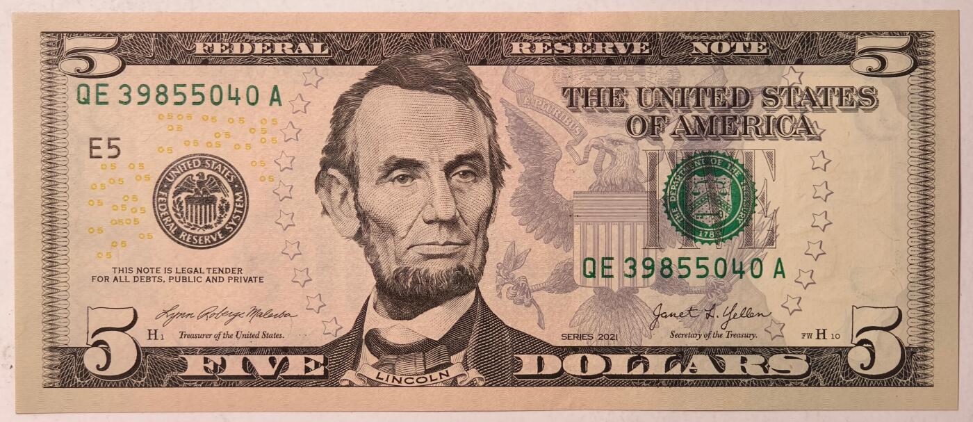 紫瑗钱币——第363期拍卖——纸币场 美国 2021年 E版 无序列 亚伯拉罕·林肯 5美元 彩色版 UNC