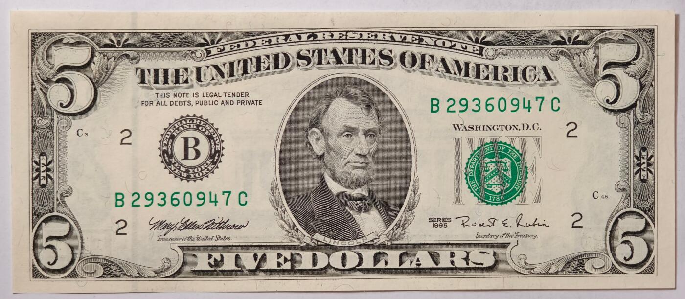 紫瑗钱币——第363期拍卖——纸币场 美国 1995年 B版 无序列 亚伯拉罕·林肯 5美元 小头版 UNC