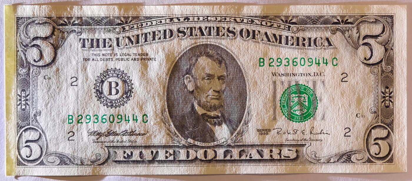 紫瑗钱币——第363期拍卖——纸币场 【双尾4】美国 1995年 B版 无序列 亚伯拉罕·林肯 5美元 小头版 UNC