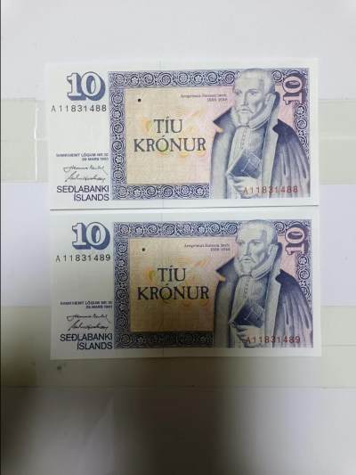 【20240611】非全新纸币第143场 - 冰岛1961年10克朗2张纸币，全新