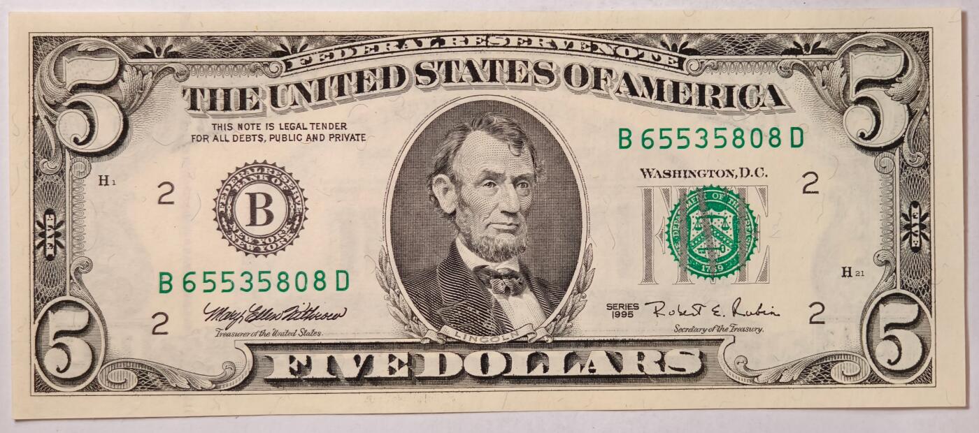 紫瑗钱币——第363期拍卖——纸币场 美国 1995年 B版 无序列 亚伯拉罕·林肯 5美元 小头版 UNC