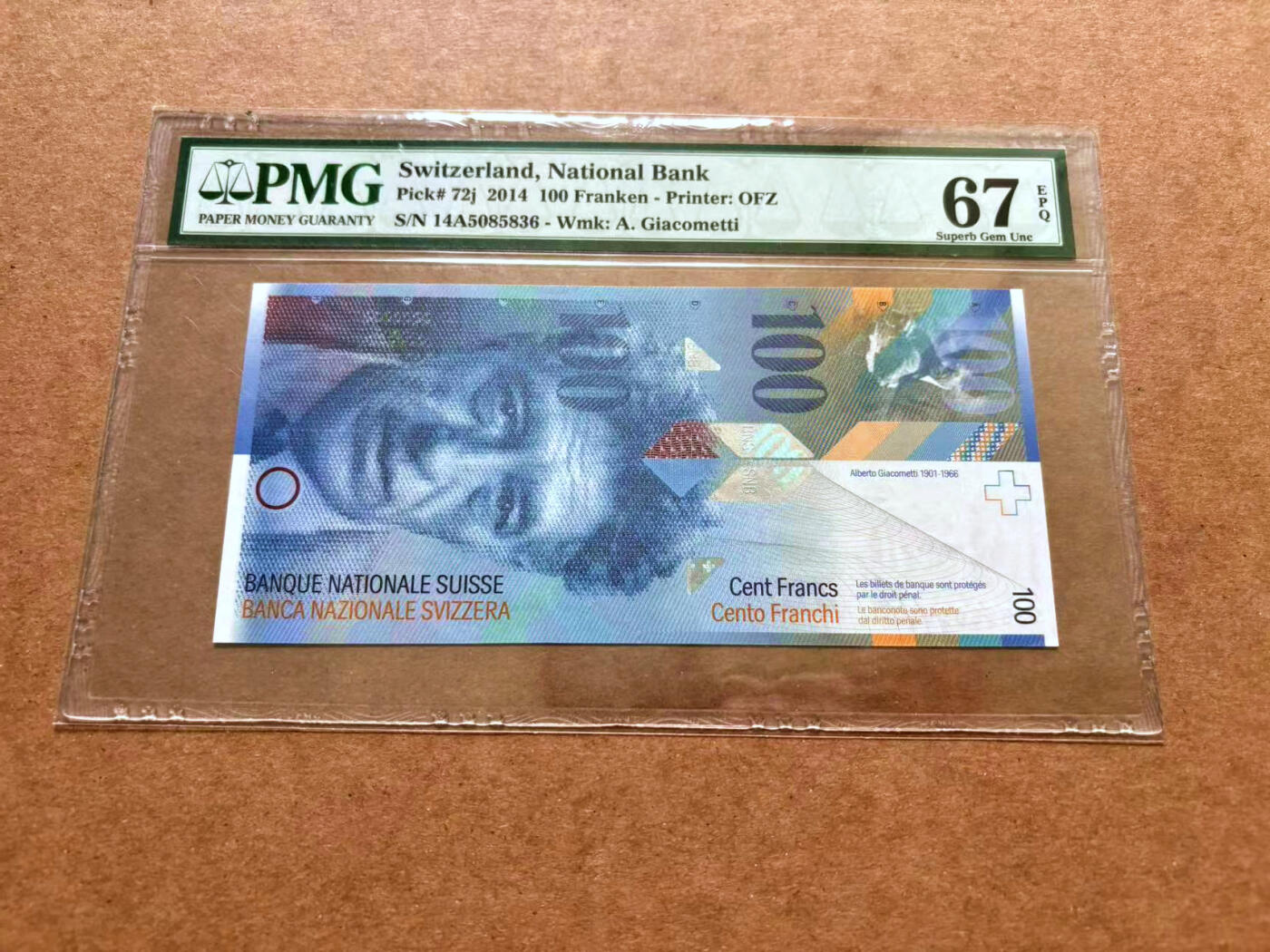 【Blue Auction】✨世界纸币精拍第489期【精】 【A冠无47】瑞士 2014年100法郎 PMG67EPQ 高分