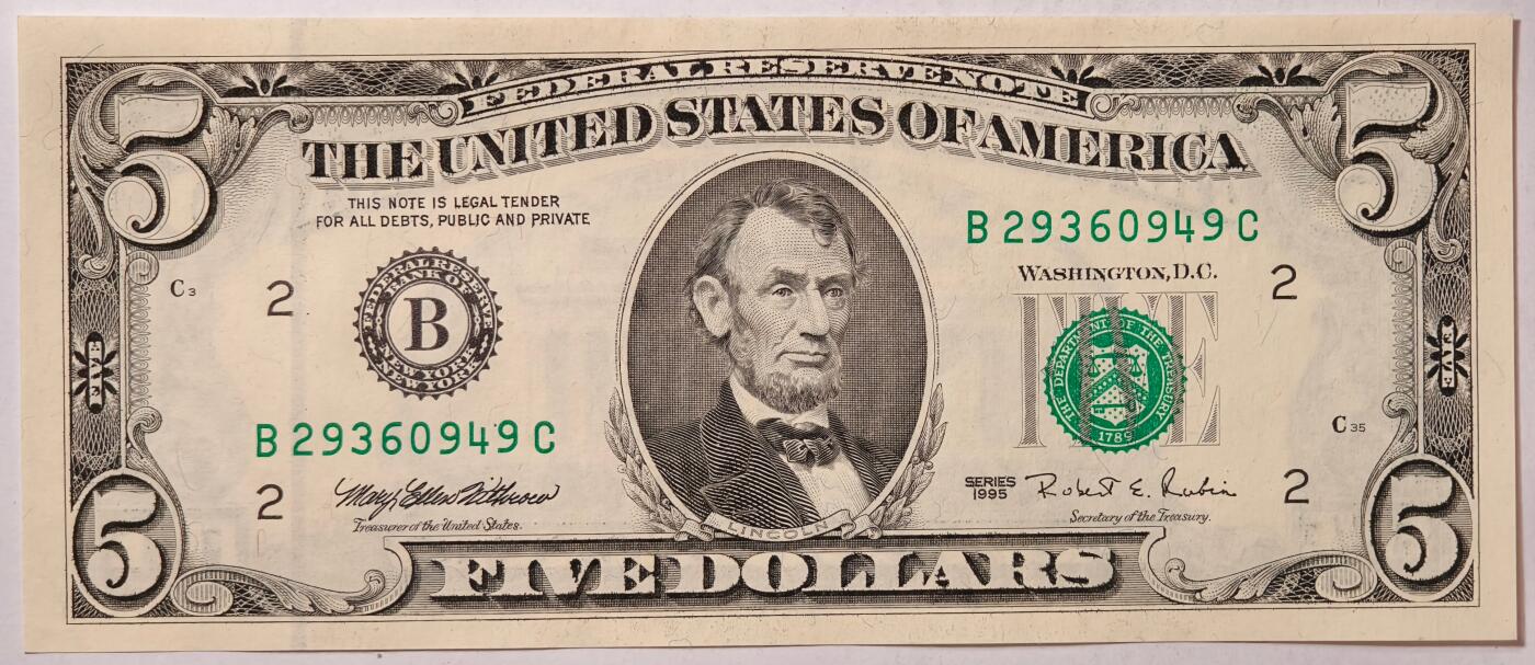 紫瑗钱币——第363期拍卖——纸币场 美国 1995年 B版 无序列 亚伯拉罕·林肯 5美元 小头版 UNC