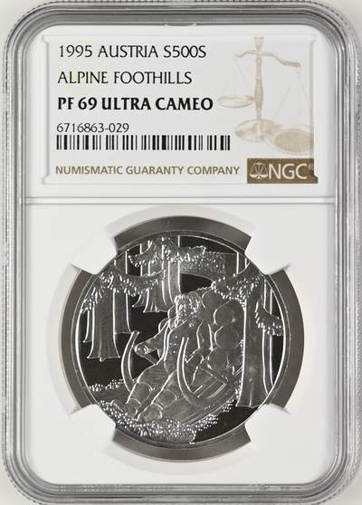 长老汇马年精选第三场拍卖 - 1995 奥地利阿尔卑斯山山脚500先令精制银币，NGC PF69UC，唯二冠军分