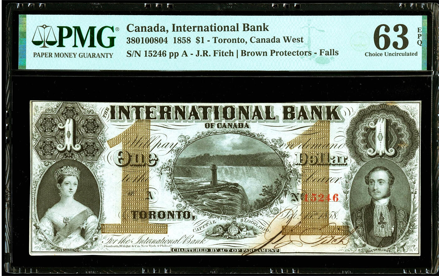 【Blue Auction】✨世界纸币精拍第489期【精】  【手签实钞】加拿大国际银行 1858年1元 年轻的维多利亚女王及阿尔伯特亲王 尼亚加拉瀑布风景唯美 PMG63EPQ 全新原票少见 值得收藏 （62分带修复的上个月拍了630美金 这张更高分的原票难得）