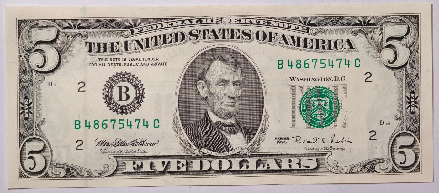 紫瑗钱币——第363期拍卖——纸币场 美国 1995年 B版 无序列 亚伯拉罕·林肯 5美元 小头版 UNC