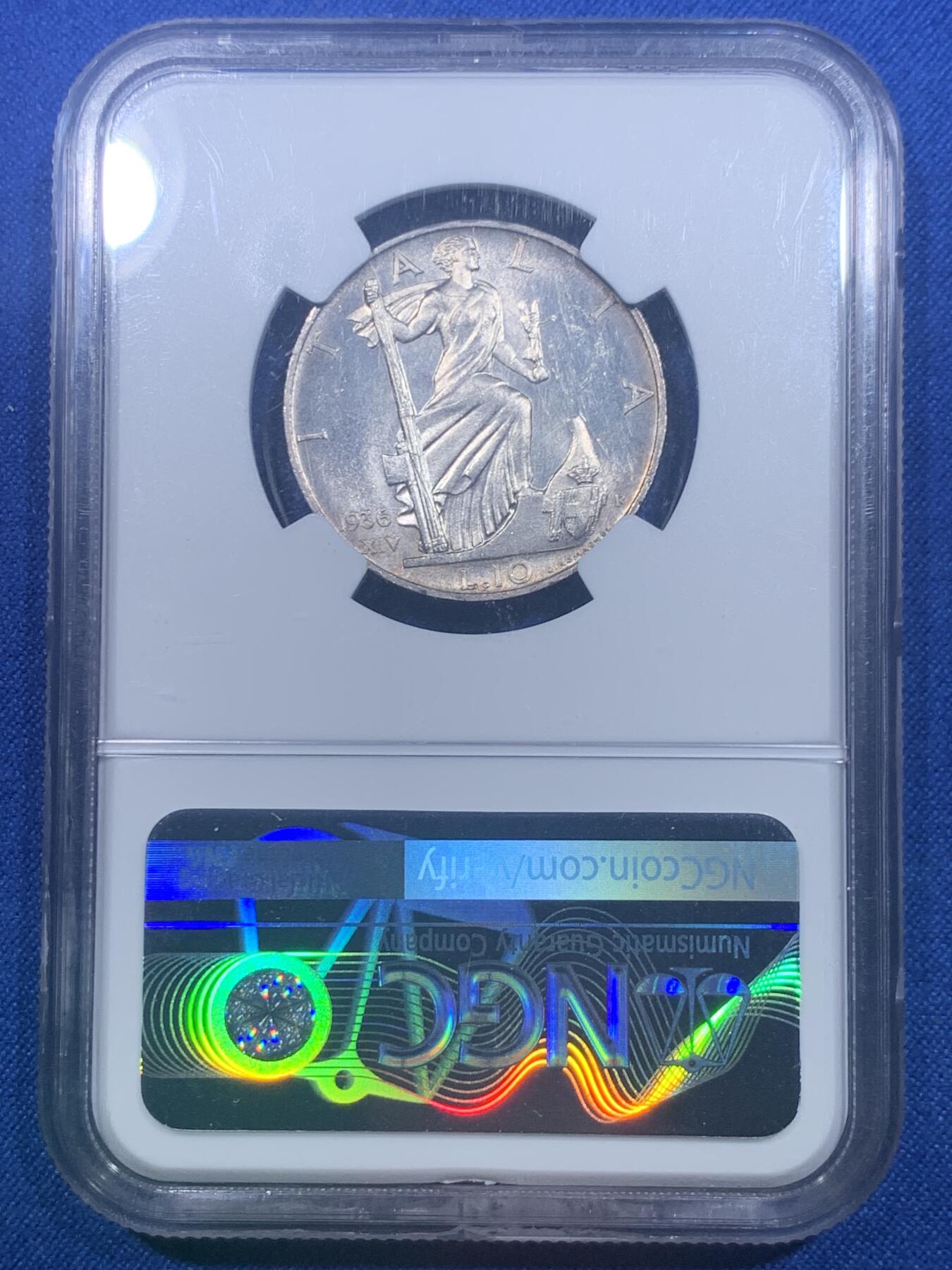 《竞宝斋》第277场- 周日，周一 2场连拍 （全场包邮） NGC MS62 意大利1936年10里拉银币 状态不错 低评