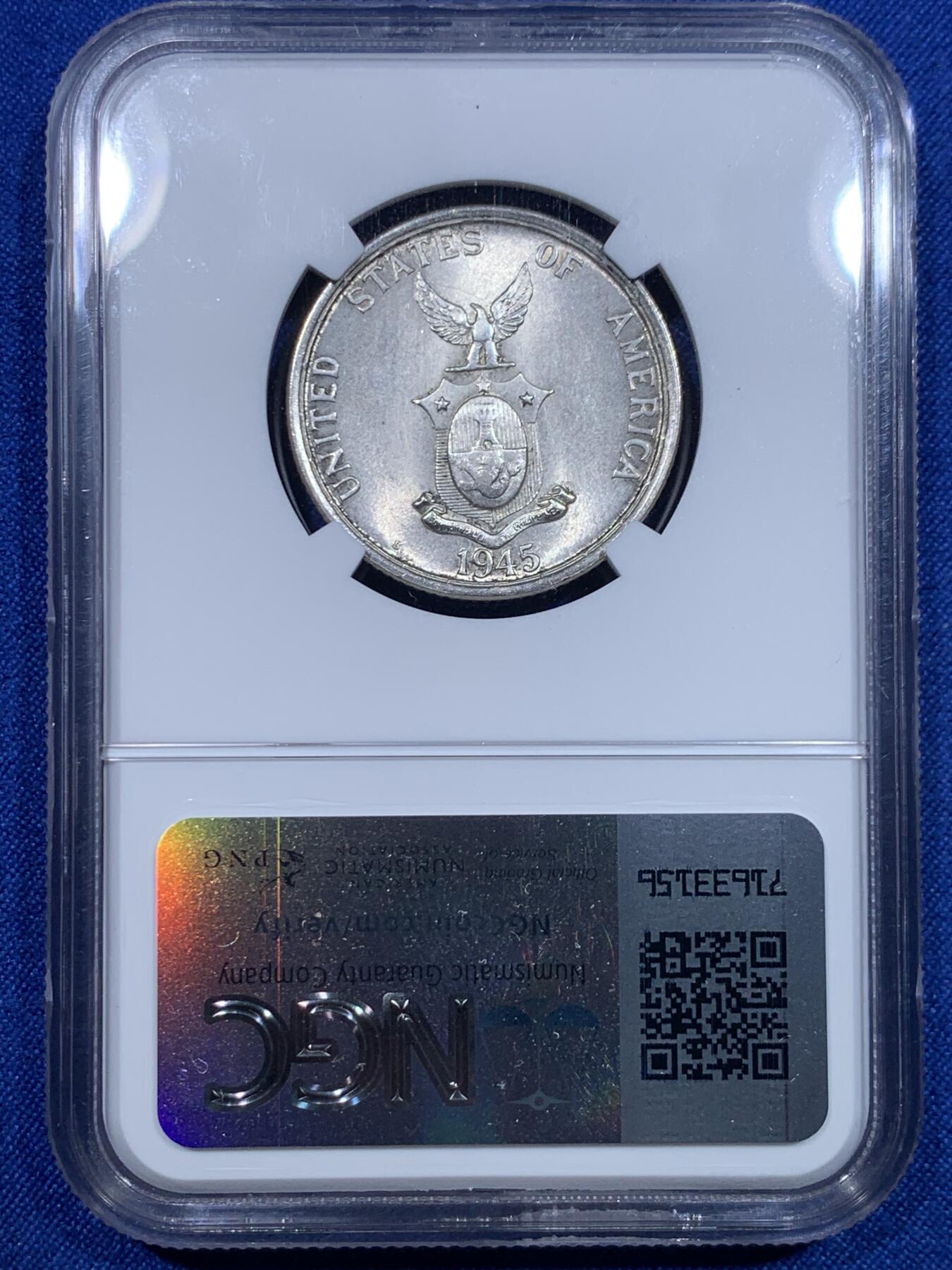 《竞宝斋》第277场- 周日，周一 2场连拍 （全场包邮） NGC MS62 菲律宾1945年S版50分打铁女神银币