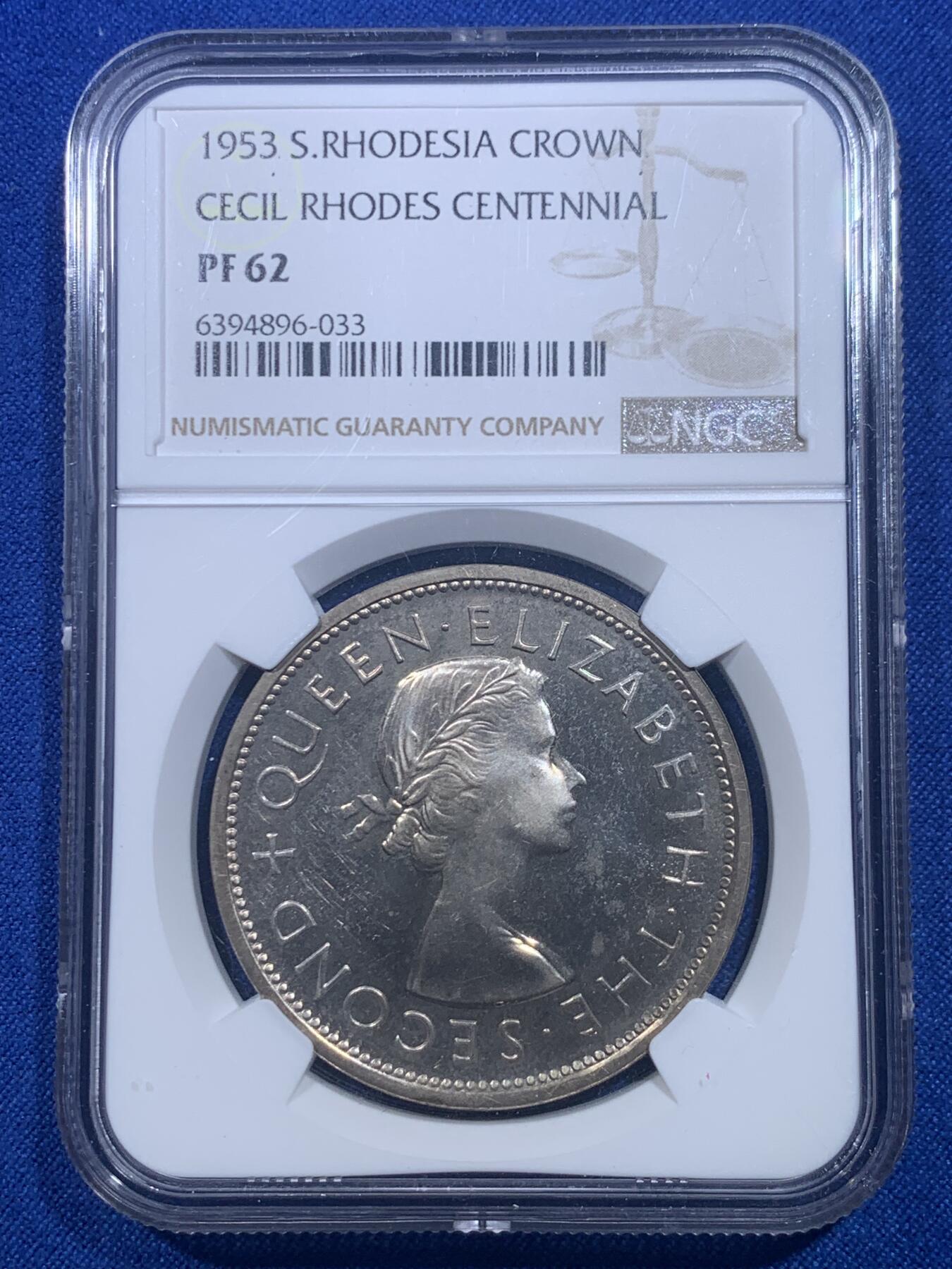 《竞宝斋》第277场- 周日，周一 2场连拍 （全场包邮） NGC PF62 南罗德西亚1953年大克朗银币