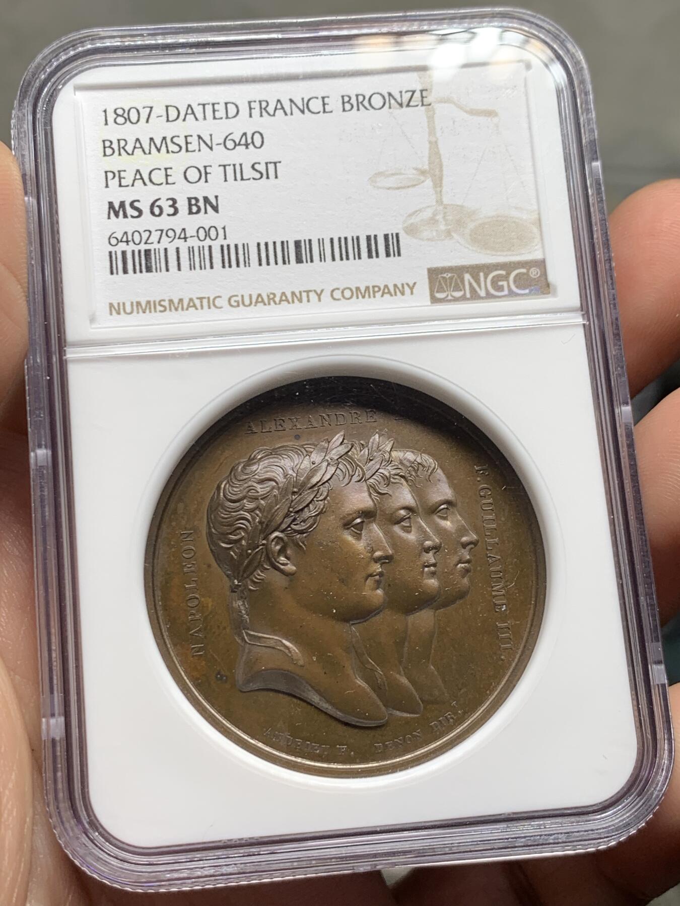 《竞宝斋》第277场- 周日，周一 2场连拍 （全场包邮） NGC MS63BN 法国 拿破仑一世 蒂尔西特和平 铜章  旨在纪念沙俄、普鲁士和法国之间的和平 非常少见的一款 迷人的状态