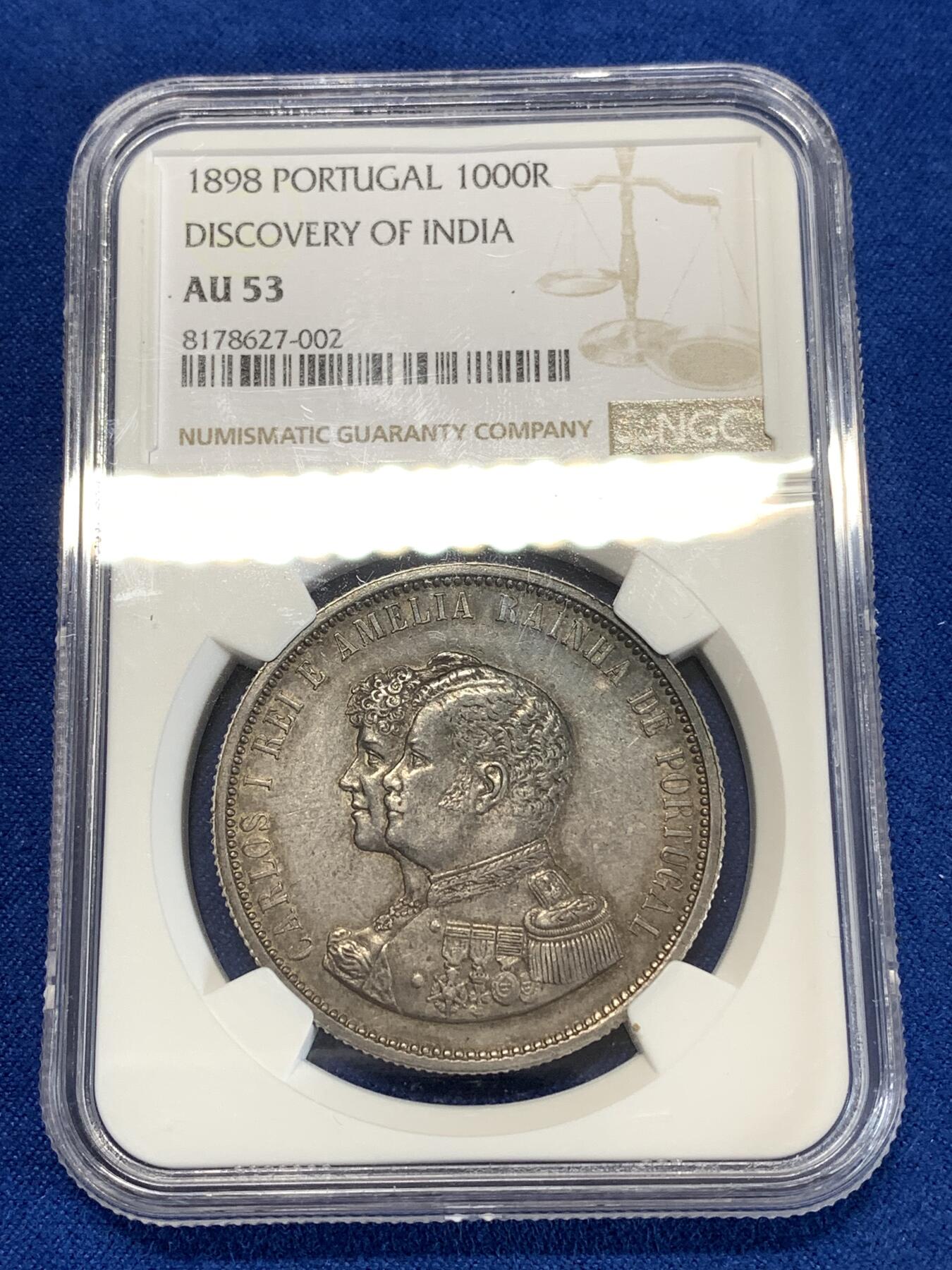 《竞宝斋》第277场- 周日，周一 2场连拍 （全场包邮） NGC AU53 葡萄牙1898年发现印度戎装版1000瑞斯银币