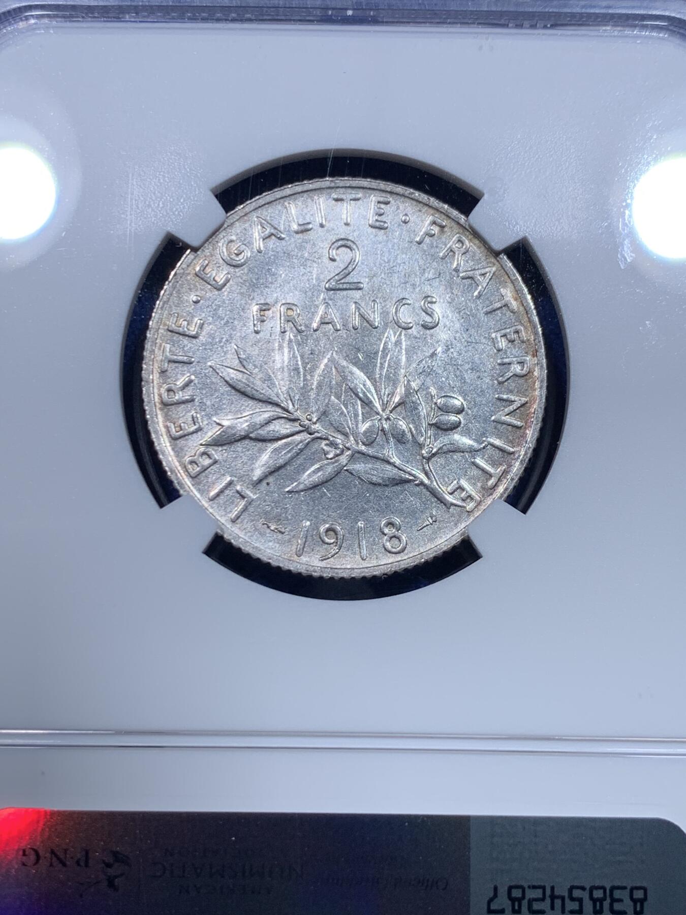 《竞宝斋》第277场- 周日，周一 2场连拍 （全场包邮） NGC MS61 法国1918年播种女神2法郎银币