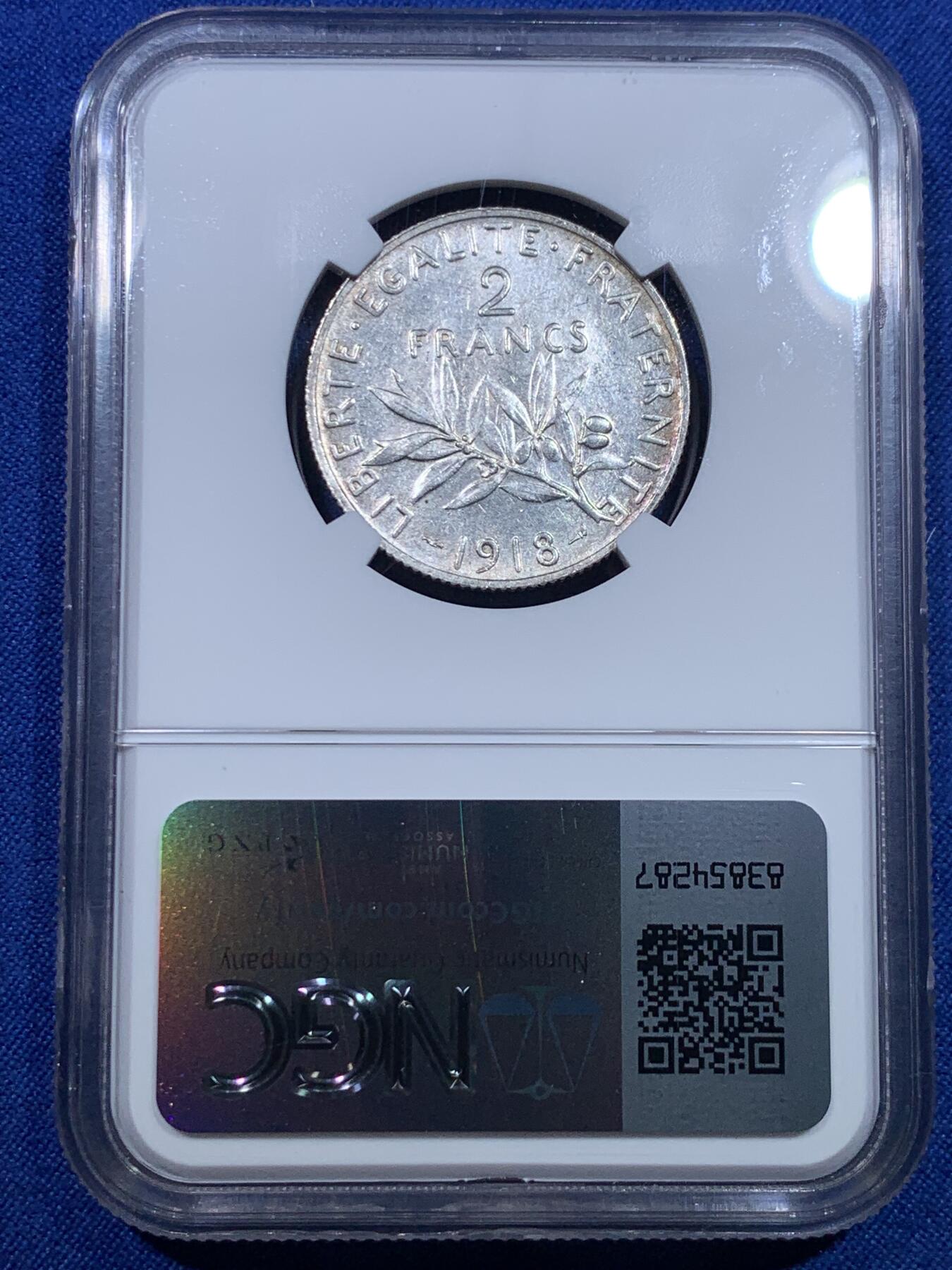 《竞宝斋》第277场- 周日，周一 2场连拍 （全场包邮） NGC MS61 法国1918年播种女神2法郎银币