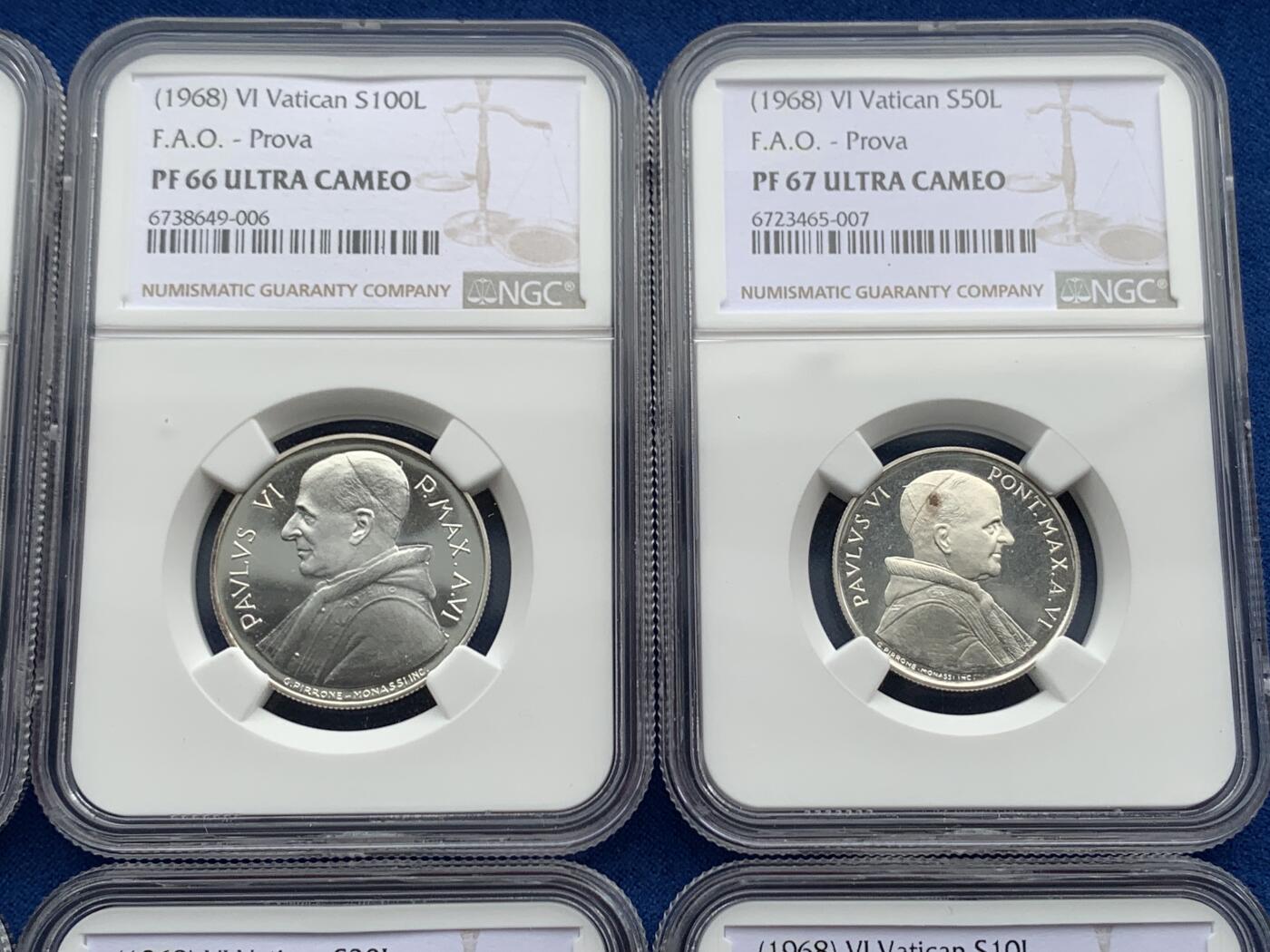 《竞宝斋》第277场- 周日，周一 2场连拍 （全场包邮） NGC PF65-67UC 梵蒂冈1968PROVA精制银样币 罗马造币厂，克书记载103套，实际难得一见。（2023年8月HA成交一套近似的1959年8枚套PROVA样币，成交价1920美金）。此套8枚全部评为深度镜面UC级，且全套冠军分，极品带原盒（有损）。附赠该样币对应的同年份BU级流通套（主币为银币），市场价值160元，相对少见。
