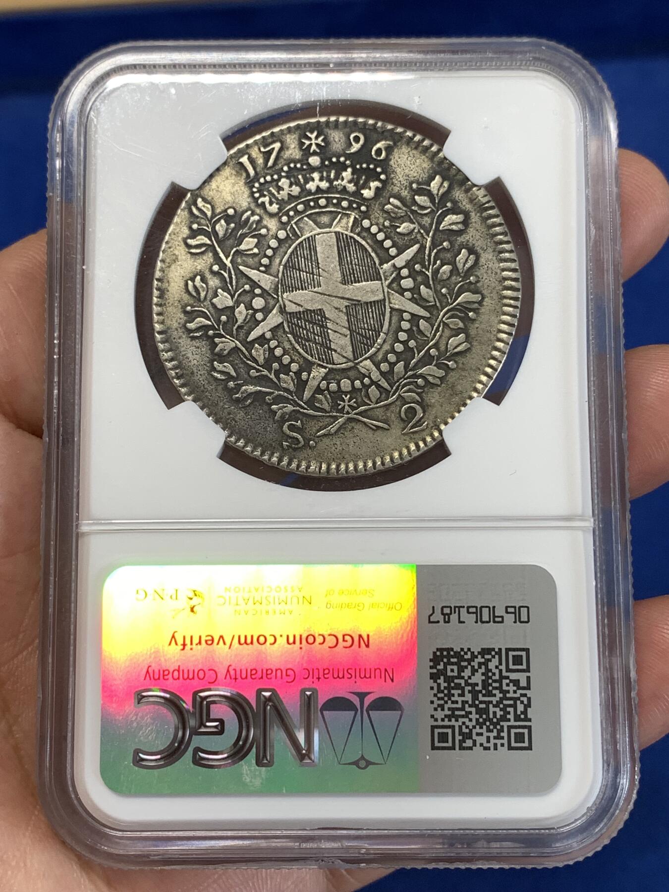 《竞宝斋》第277场- 周日，周一 2场连拍 （全场包邮） NGC XF40 马耳他骑士团1796年 2scuid银币 币面包浆醇厚 历史感十足 很少见的品种