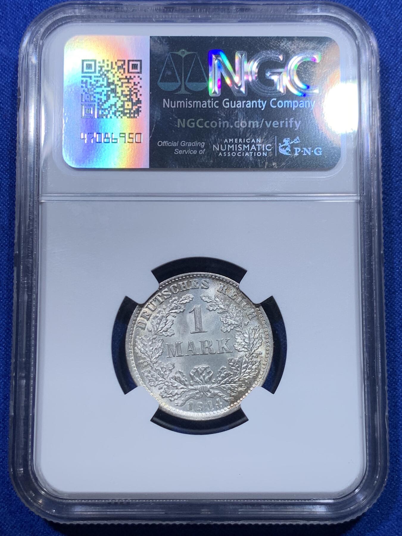 《竞宝斋》第277场- 周日，周一 2场连拍 （全场包邮） NGC MS67 德国1914-D 1马克银币 卷拆的几枚送上海给出的唯一极高分，送评过的该懂其含金量，币面状态如同刚刚铸造，光晕流转没有丝毫阻碍，深打德意志鹰栩栩如生，淡彩包浆自然生动，无可挑剔。