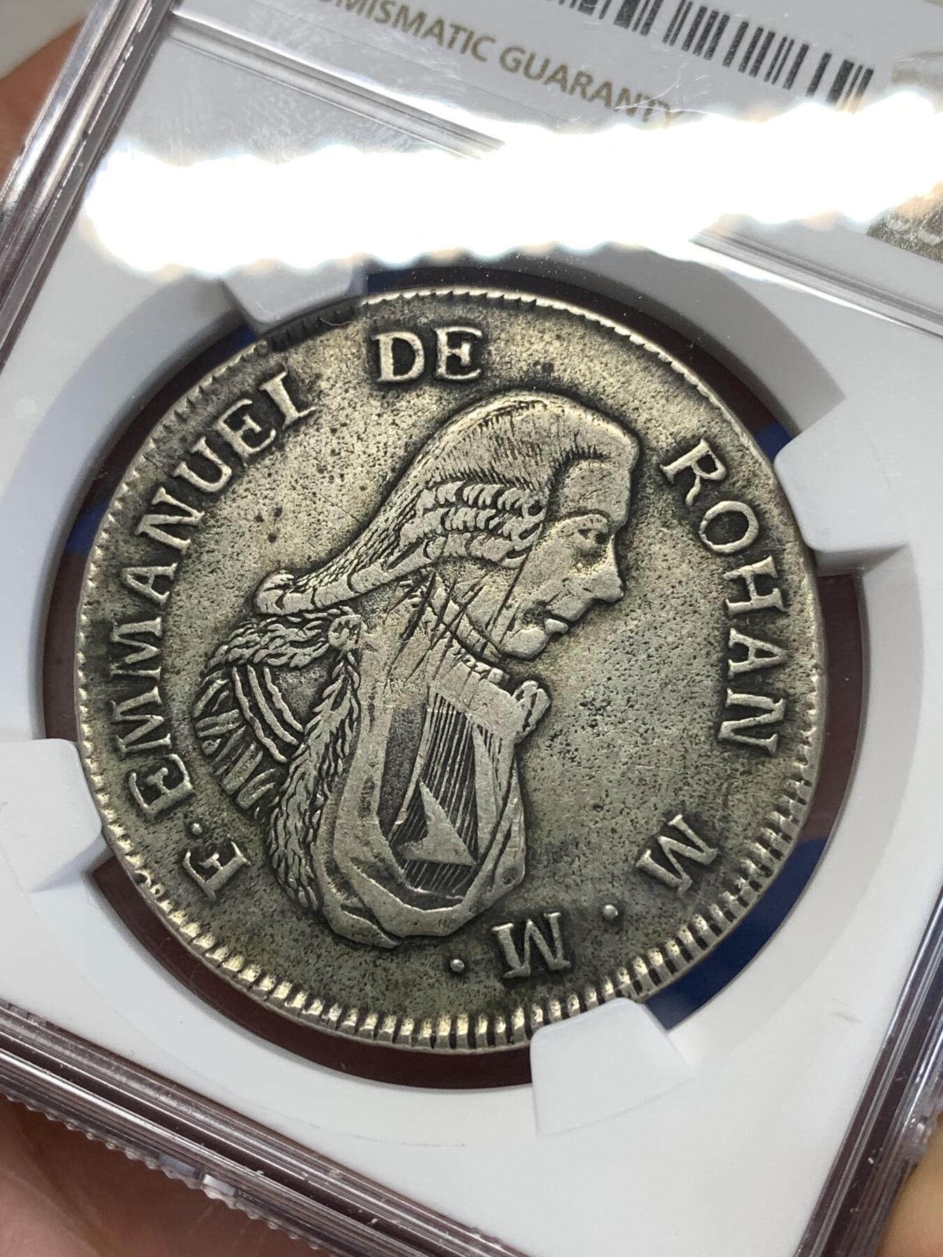 《竞宝斋》第277场- 周日，周一 2场连拍 （全场包邮） NGC XF40 马耳他骑士团1796年 2scuid银币 币面包浆醇厚 历史感十足 很少见的品种