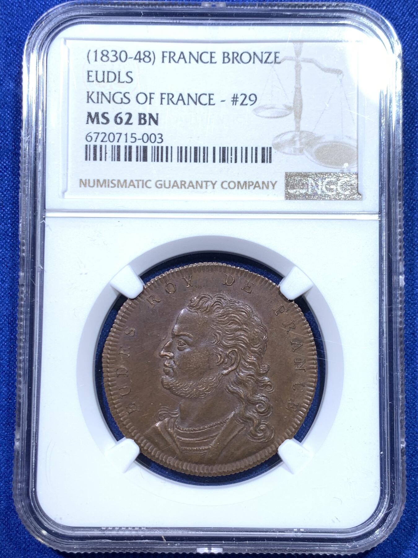 《竞宝斋》第277场- 周日，周一 2场连拍 （全场包邮） NGC MS62BN 法国1830-48国王厄德铜章