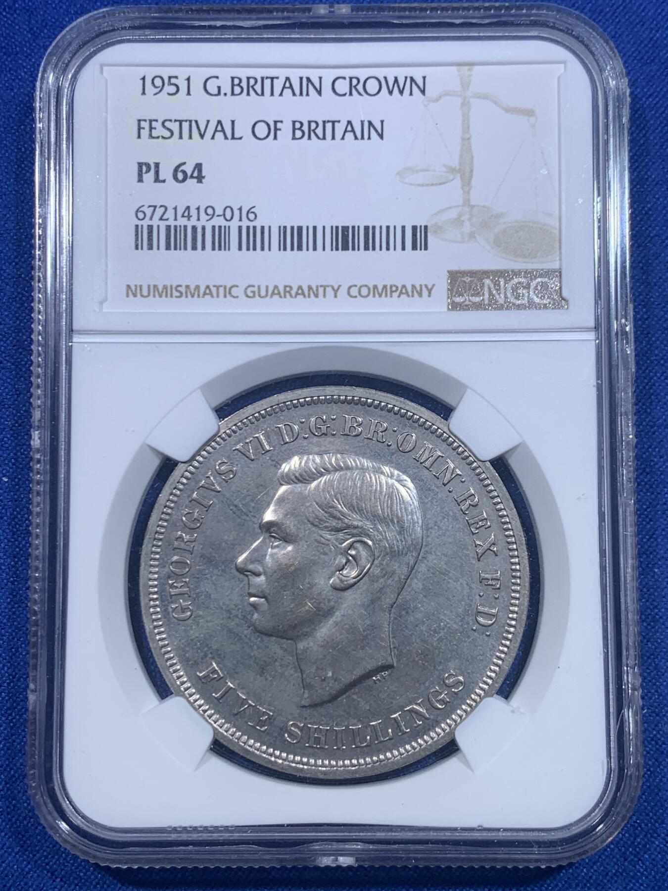 《竞宝斋》第277场- 周日，周一 2场连拍 （全场包邮） NGC PL64 英国1951年乔治六世克朗 最后的镍马剑