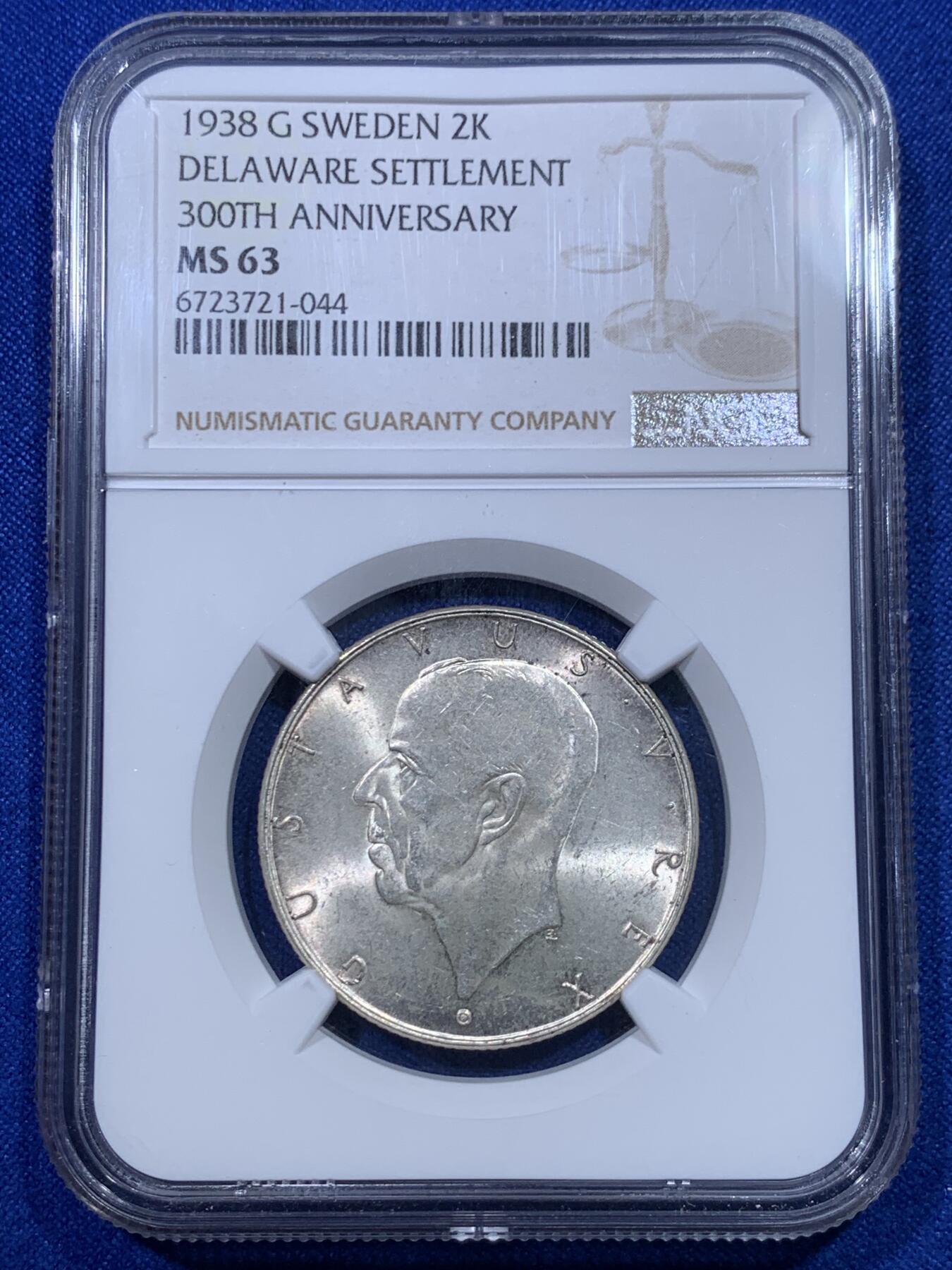 《竞宝斋》第277场- 周日，周一 2场连拍 （全场包邮） NGC MS63 瑞典1938年三百周年纪念2克朗银币
