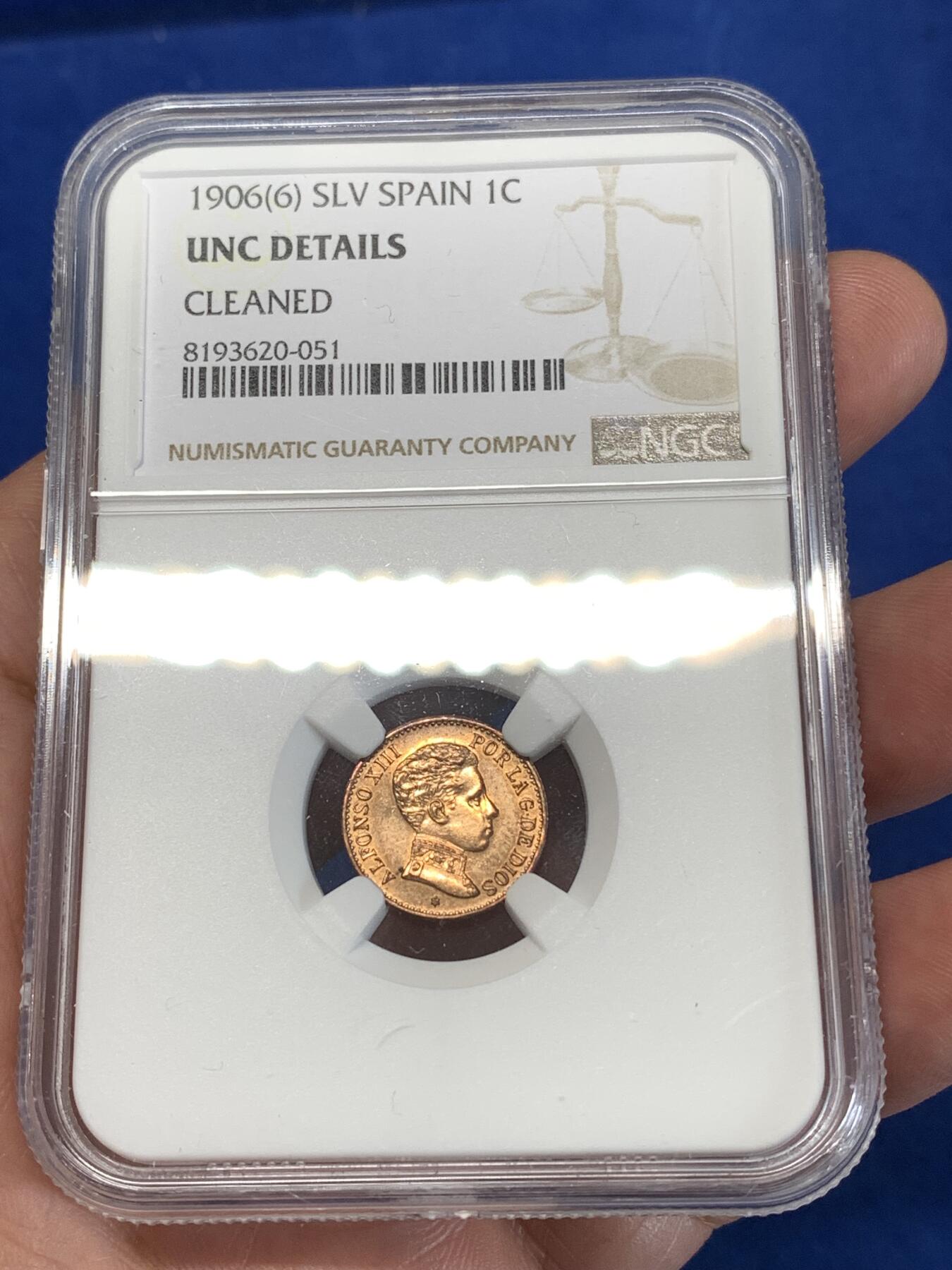 《竞宝斋》第277场- 周日，周一 2场连拍 （全场包邮） NGC UNCD 西班牙1906阿方索十三世1分铜币