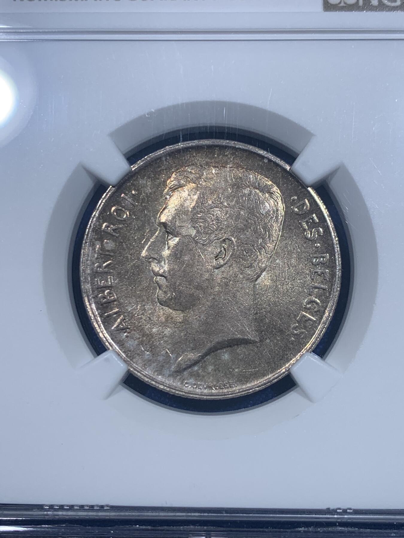 《竞宝斋》第277场- 周日，周一 2场连拍 （全场包邮） NGC MS63 比利时1911年阿尔贝托国王2法郎银币