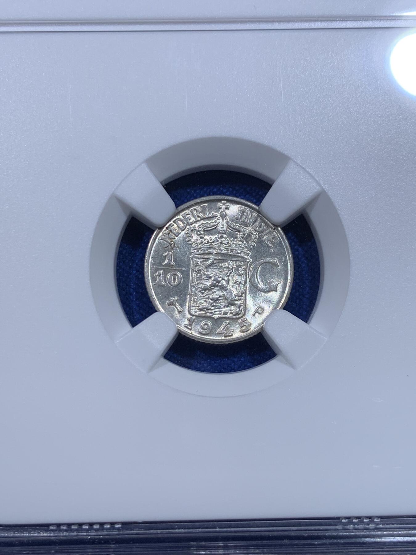 《竞宝斋》第277场- 周日，周一 2场连拍 （全场包邮） NGC MS65 1942 荷属东印度（今印尼）1/10盾银币 卷拆BU品