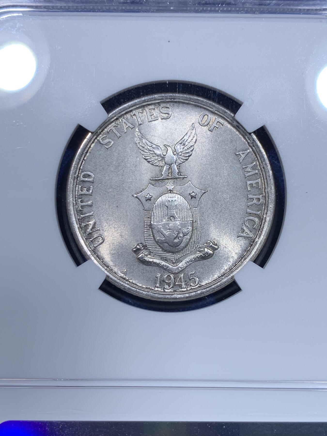 《竞宝斋》第277场- 周日，周一 2场连拍 （全场包邮） NGC MS62 菲律宾1945年S版50分打铁女神银币