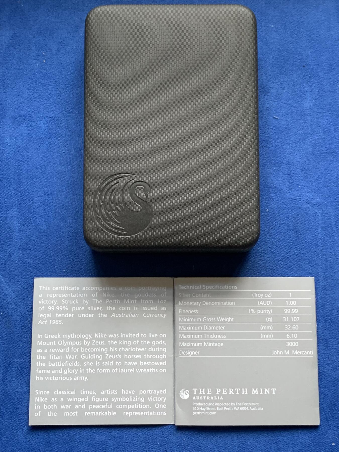 《竞宝斋》第277场- 周日，周一 2场连拍 （全场包邮） 蓝标NGC PF70UC 澳大利亚2021年胜利女神高浮雕1澳元精制银币 限量3000枚 海外市价250美金 盒证齐全 1盎司 999银 32.6mm