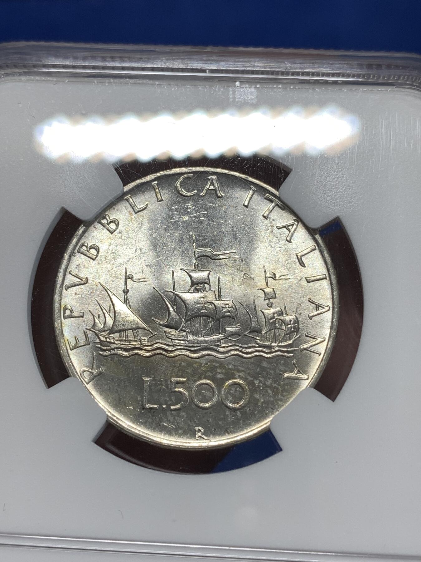 《竞宝斋》第277场- 周日，周一 2场连拍 （全场包邮） NGC MS63 意大利帆船少女1960年500里拉银币