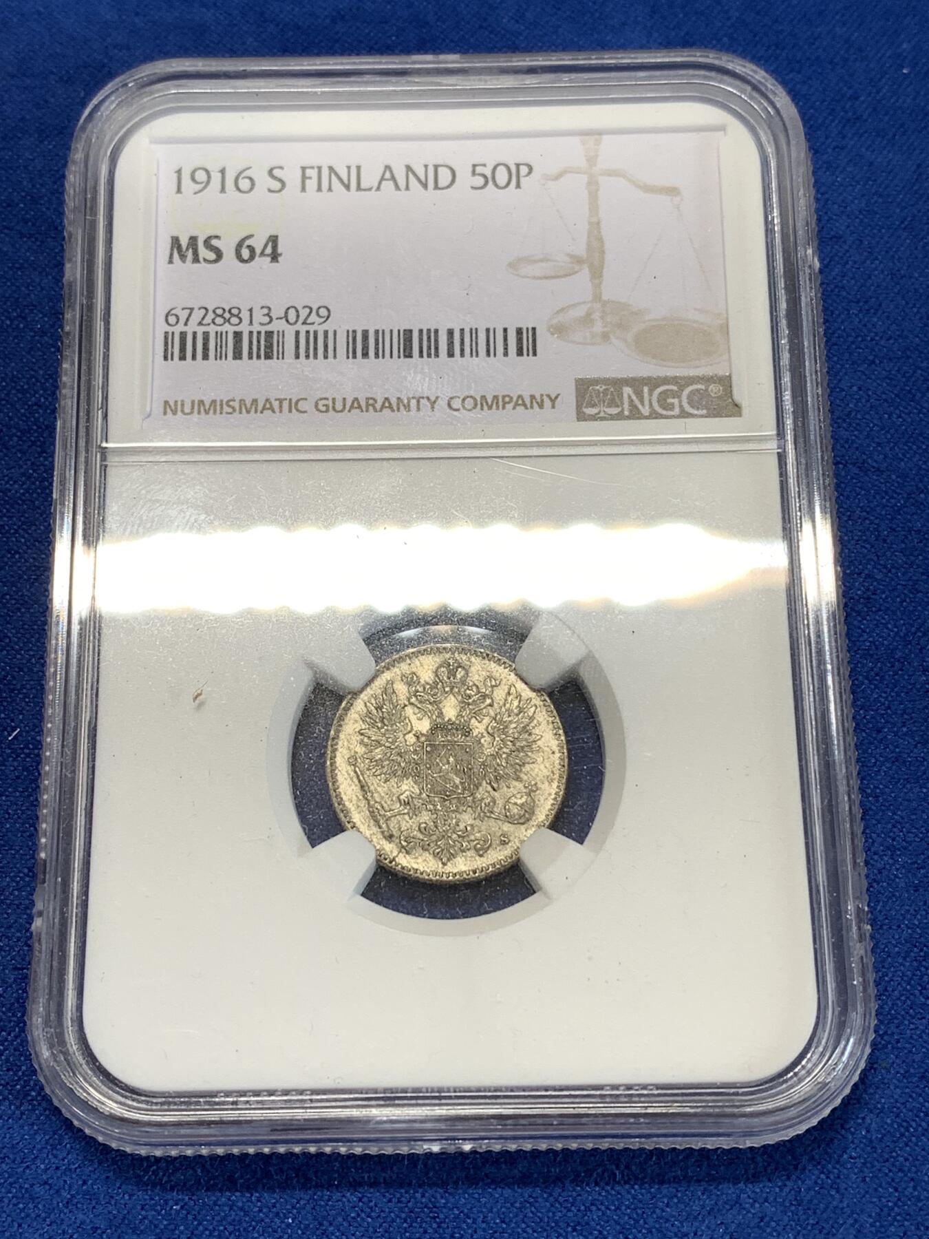 《竞宝斋》第277场- 周日，周一 2场连拍 （全场包邮） NGC MS64 俄占芬兰1916年50芬尼银币