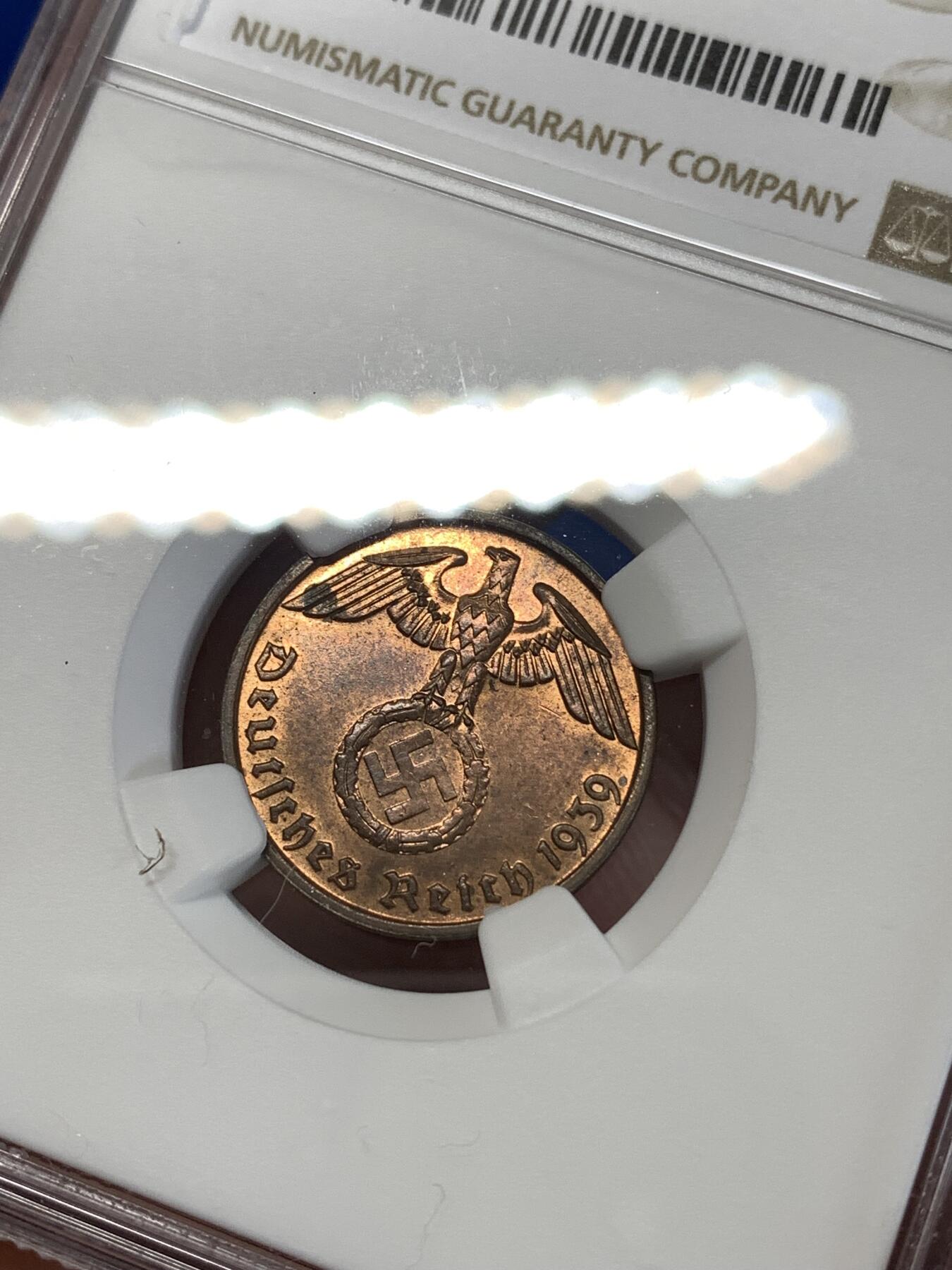 《竞宝斋》第277场- 周日，周一 2场连拍 （全场包邮） NGC MS64RB 1939B德意志第三帝国2芬尼铜币