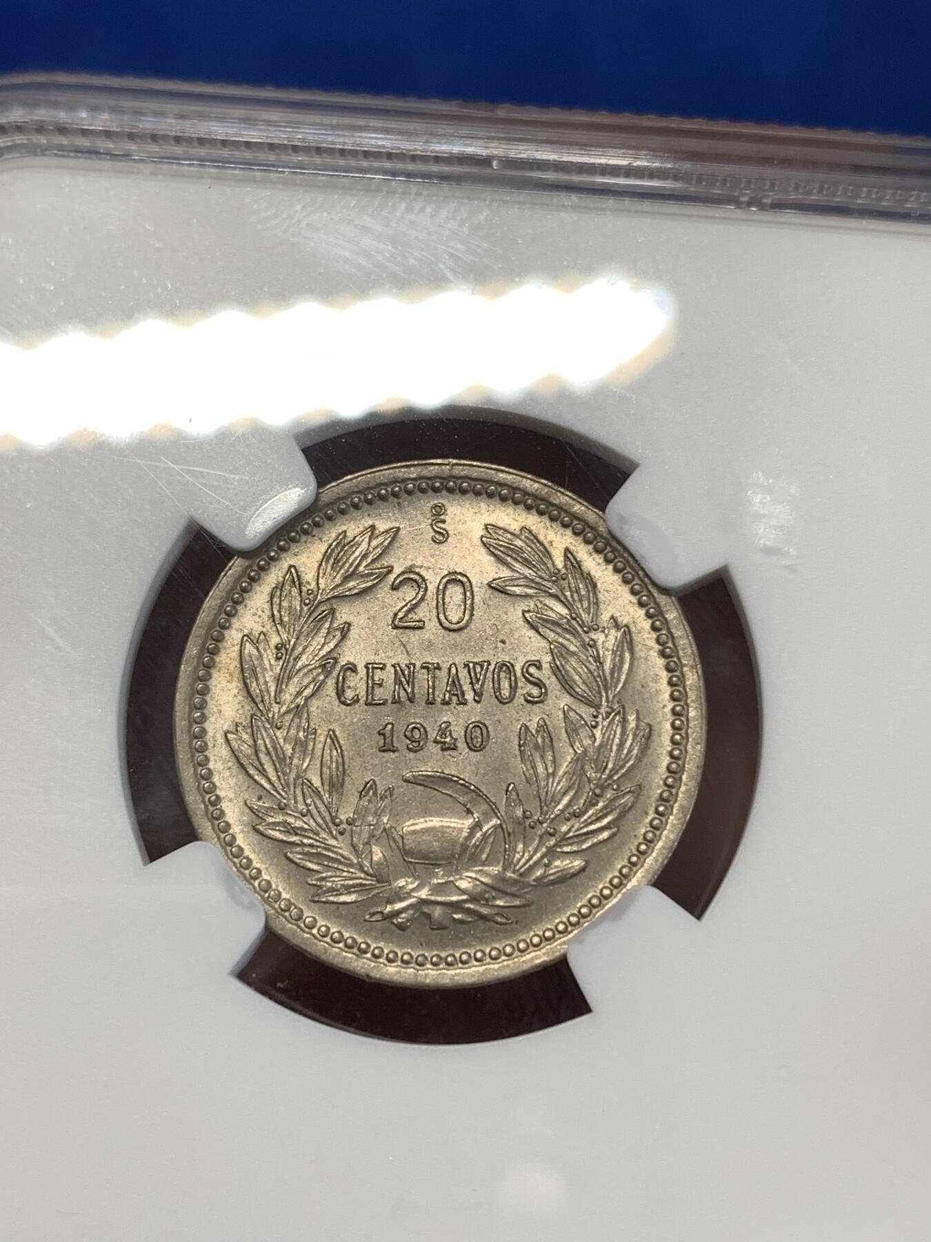 《竞宝斋》第277场- 周日，周一 2场连拍 （全场包邮） NGC MS63 1940智利20分 智利早期辅币挺少见的