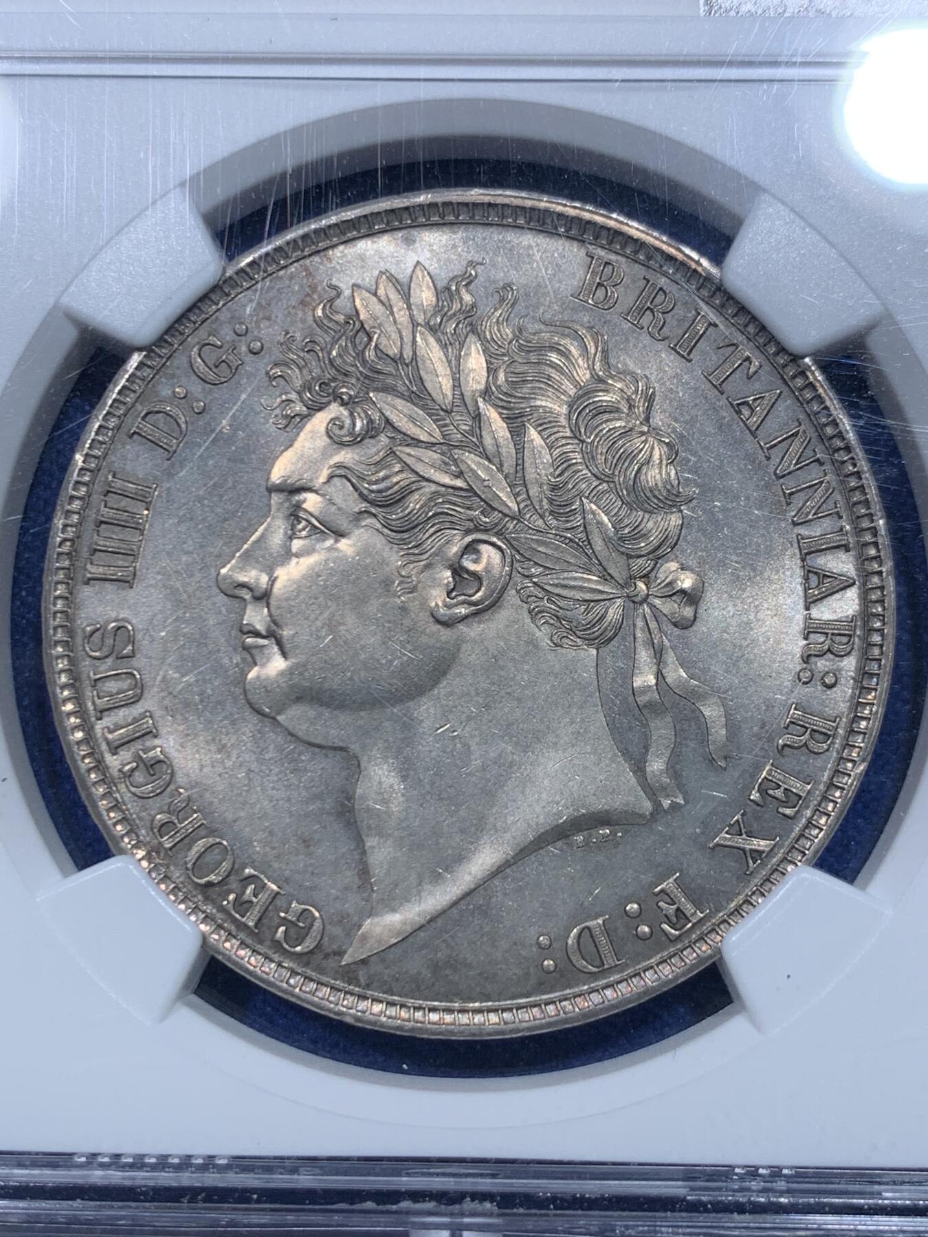 《竞宝斋》第277场- 周日，周一 2场连拍 （全场包邮） NGC MS63 英国1821年SECUNDO版乔四马剑克朗 完美PL镜面底板 背面紫金包浆