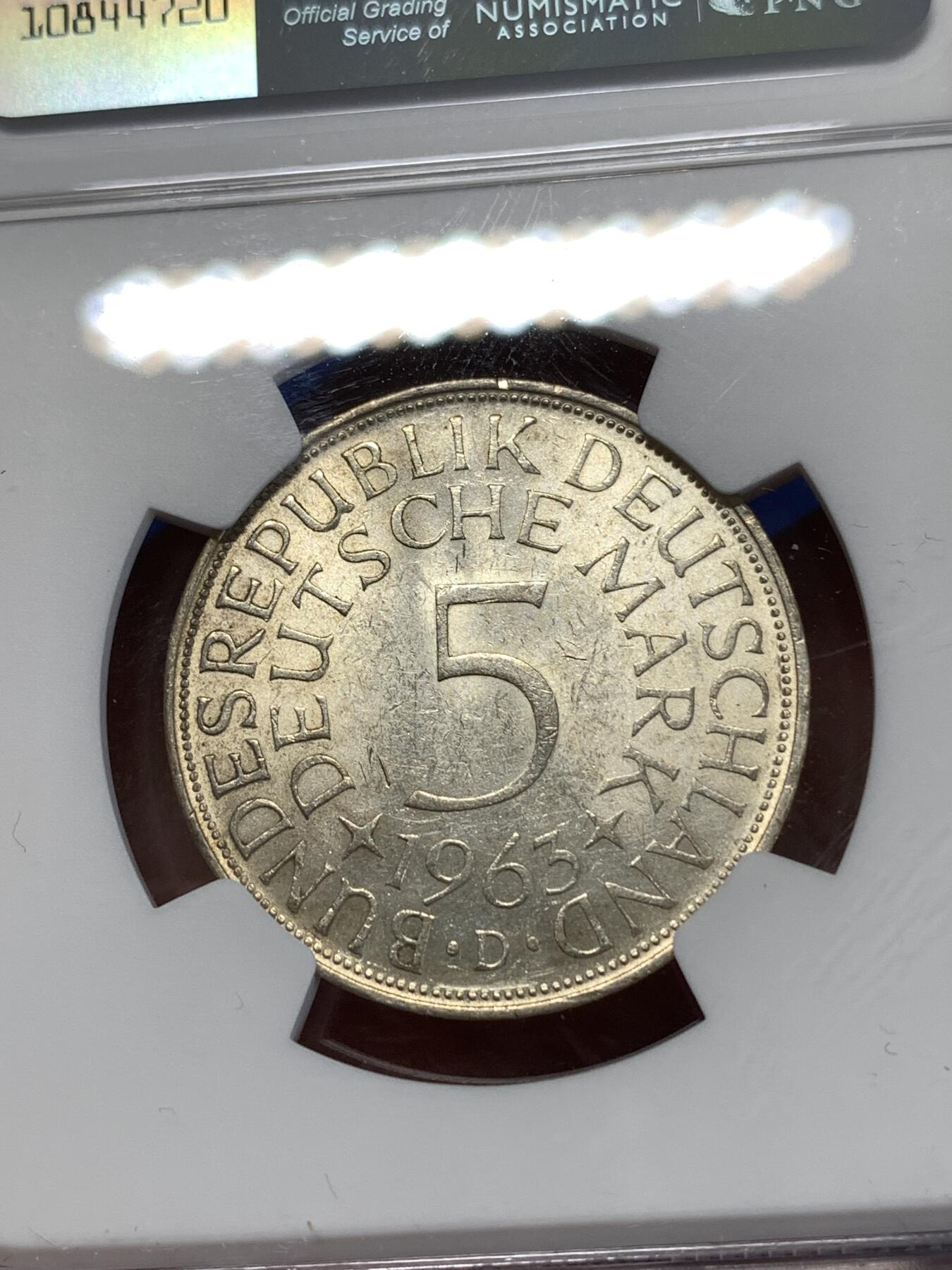 《竞宝斋》第277场- 周日，周一 2场连拍 （全场包邮） NGC MS61 德国1963年5马克银币 经典德国鹰设计