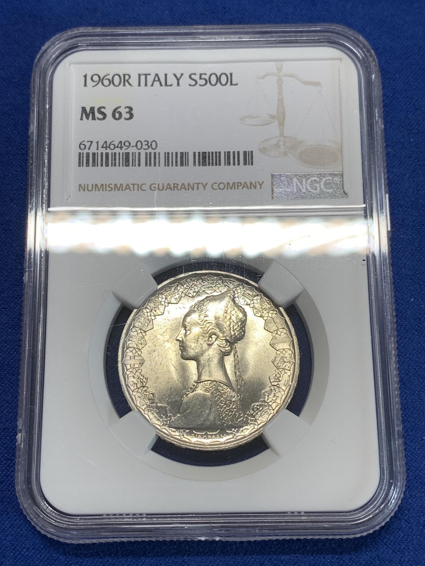 《竞宝斋》第277场- 周日，周一 2场连拍 （全场包邮） NGC MS63 意大利帆船少女1960年500里拉银币