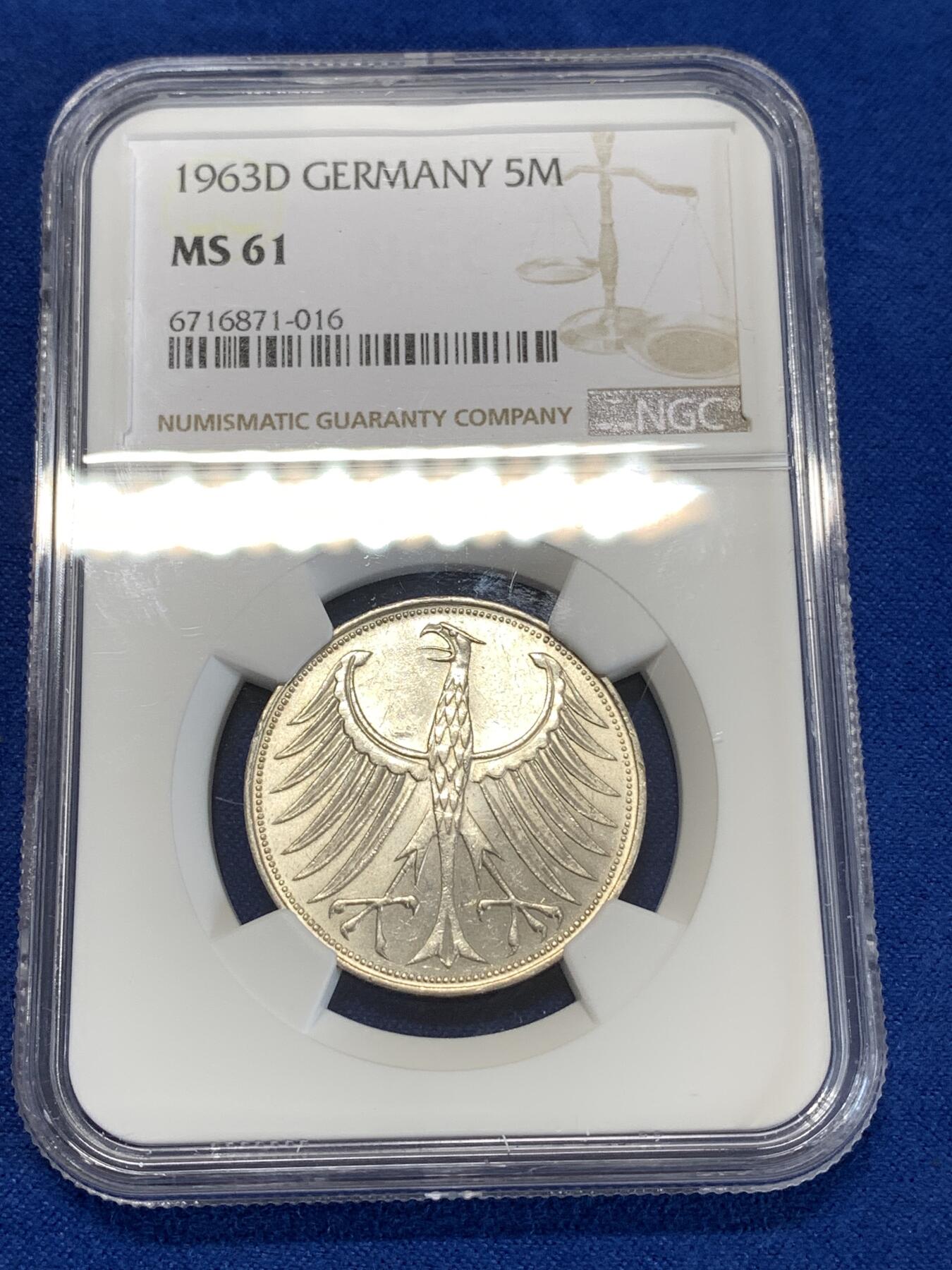 《竞宝斋》第277场- 周日，周一 2场连拍 （全场包邮） NGC MS61 德国1963年5马克银币 经典德国鹰设计