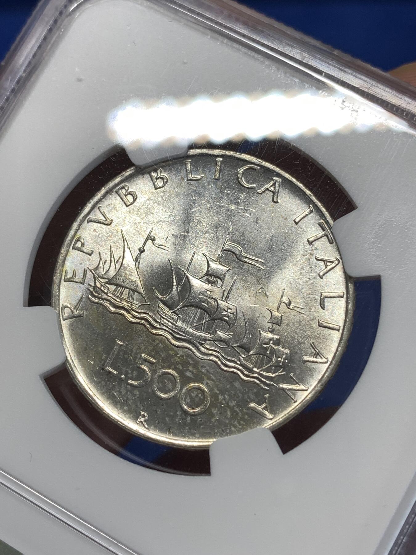 《竞宝斋》第277场- 周日，周一 2场连拍 （全场包邮） NGC MS63 意大利帆船少女1960年500里拉银币