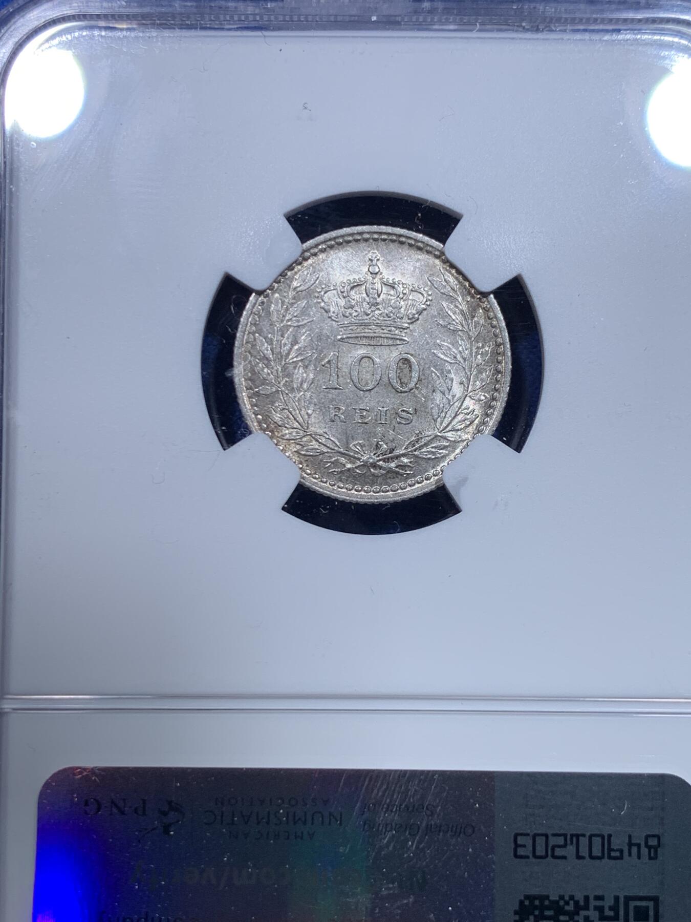 《竞宝斋》第277场- 周日，周一 2场连拍 （全场包邮） NGC MS62 葡萄牙1910年曼努埃尔二世100瑞斯银币