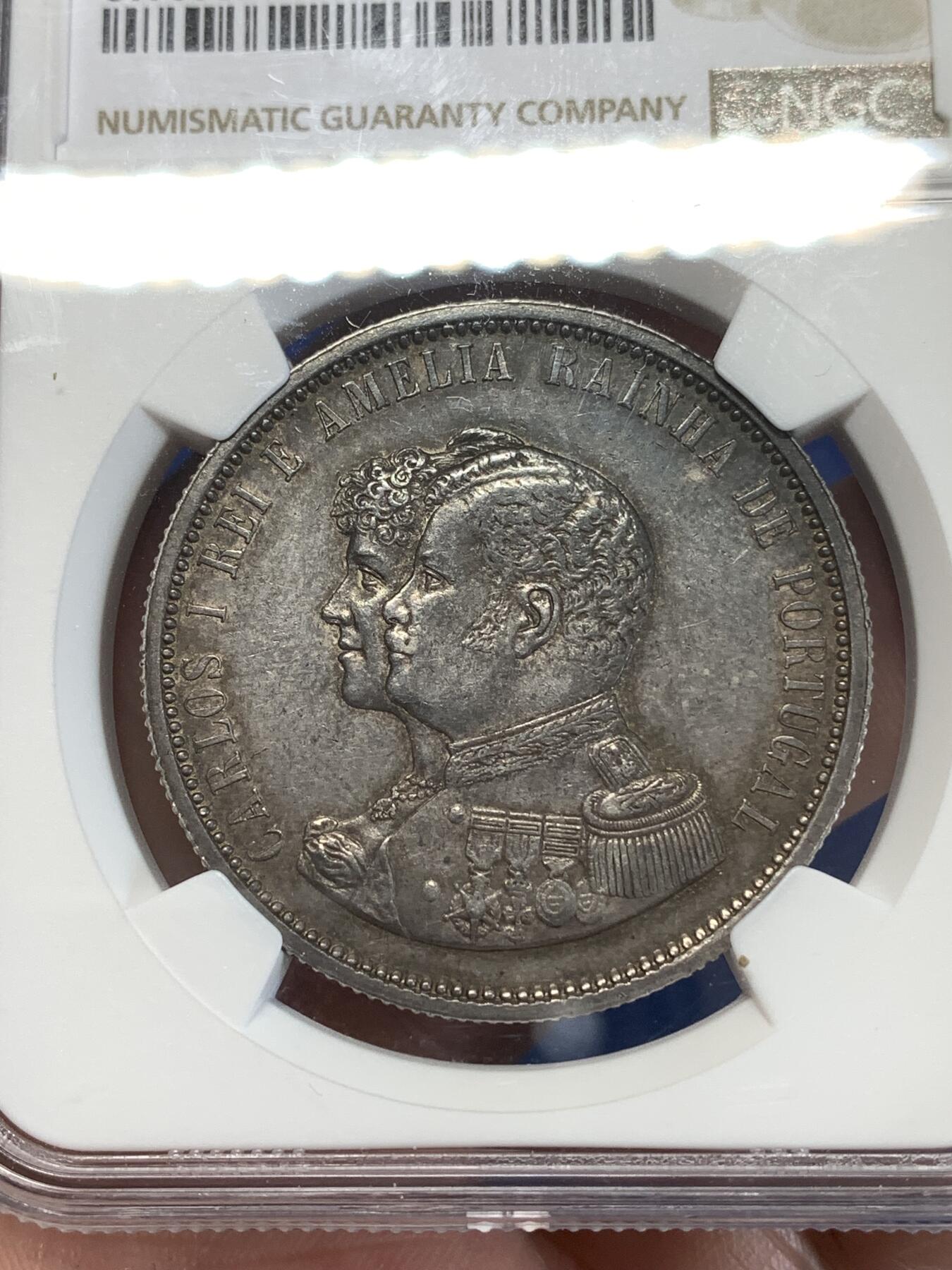 《竞宝斋》第277场- 周日，周一 2场连拍 （全场包邮） NGC AU53 葡萄牙1898年发现印度戎装版1000瑞斯银币