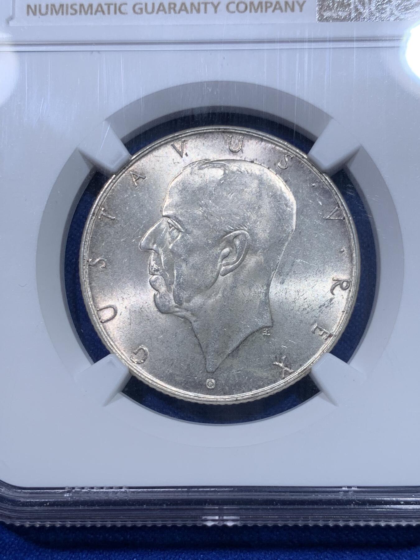 《竞宝斋》第277场- 周日，周一 2场连拍 （全场包邮） NGC MS63 瑞典1938年三百周年纪念2克朗银币