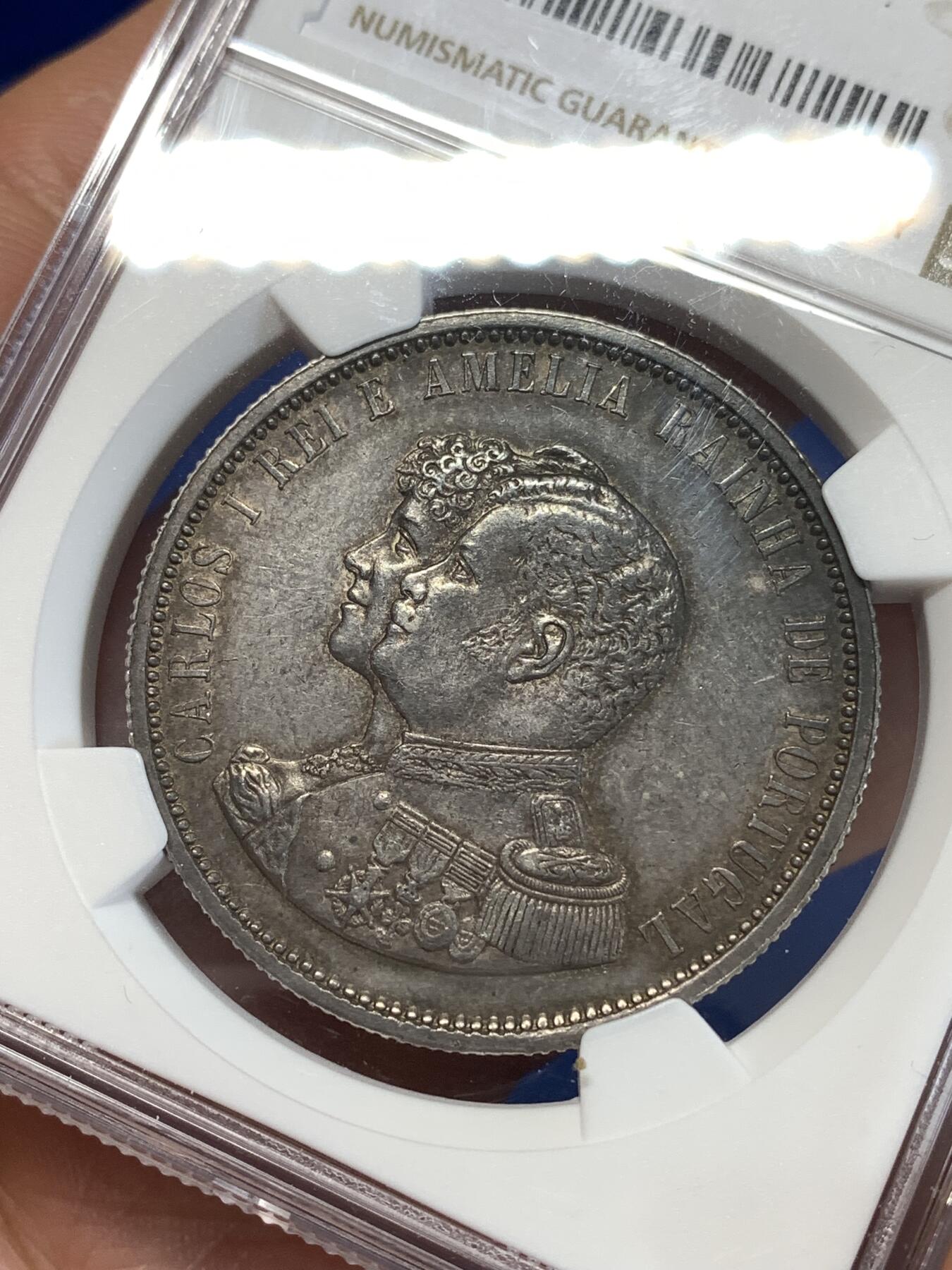 《竞宝斋》第277场- 周日，周一 2场连拍 （全场包邮） NGC AU53 葡萄牙1898年发现印度戎装版1000瑞斯银币