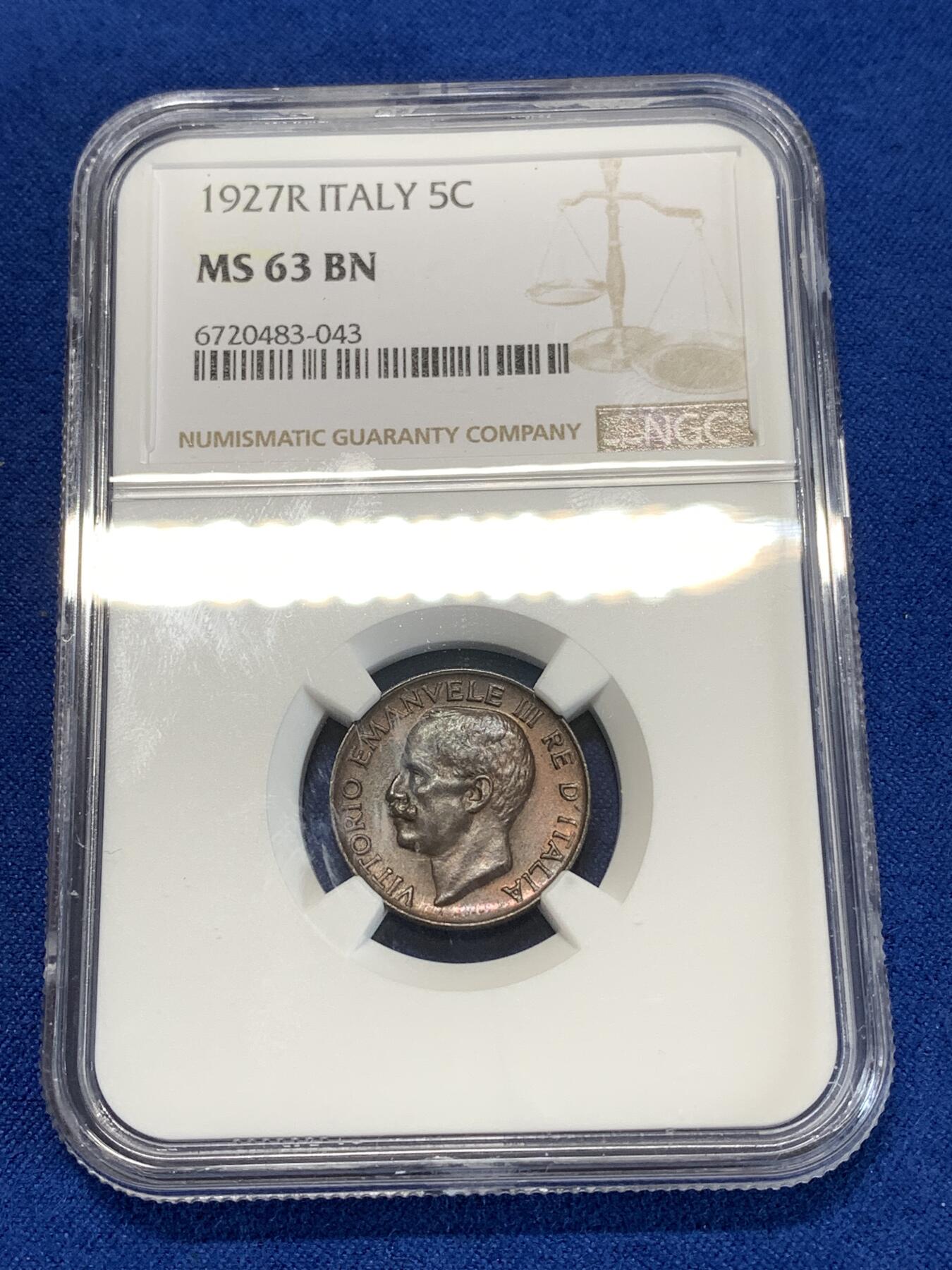 《竞宝斋》第277场- 周日，周一 2场连拍 （全场包邮） NGC MS63BN 1927R 意大利5分 好品小铜币 同时也是个背逆趣味币 细节犀利 特别是小麦一面 麦穗颗颗鲜明 少见