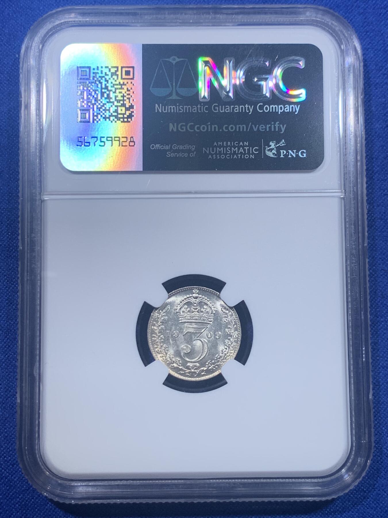 《竞宝斋》第277场- 周日，周一 2场连拍 （全场包邮） NGC MS64 英国1909年爱德华七世3便士银币 铸造于皇家造币厂，相对于濯足币，流通币难以保存的如此完好。参考价是常见1902的两倍，评级数量仅其1/5。且pc评为64分的两枚状态都差强人意，可见此枚发丝清晰的难度。