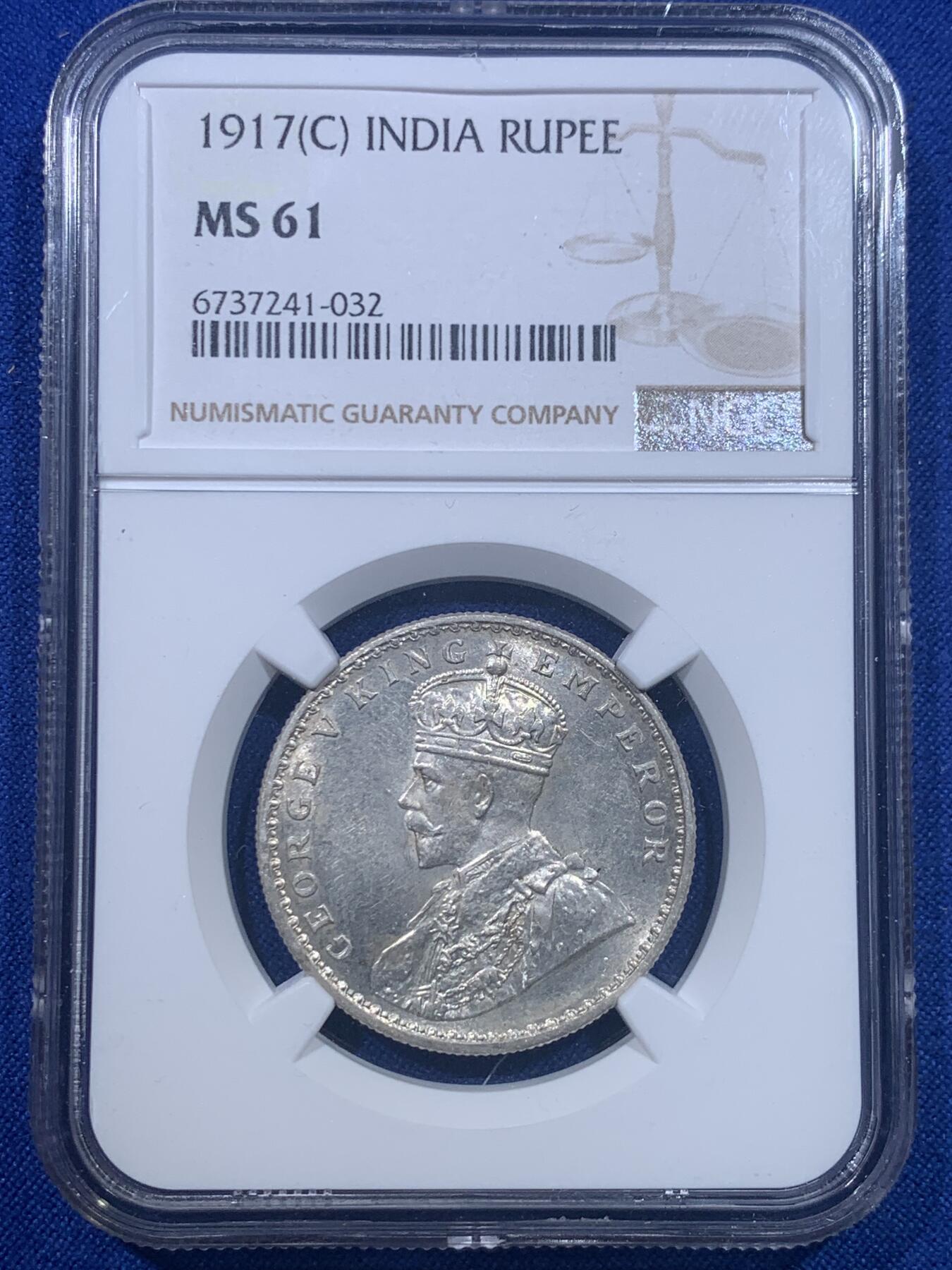 《竞宝斋》第277场- 周日，周一 2场连拍 （全场包邮） NGC MS61 英属印度 1917年 C版 乔五 1卢比银币