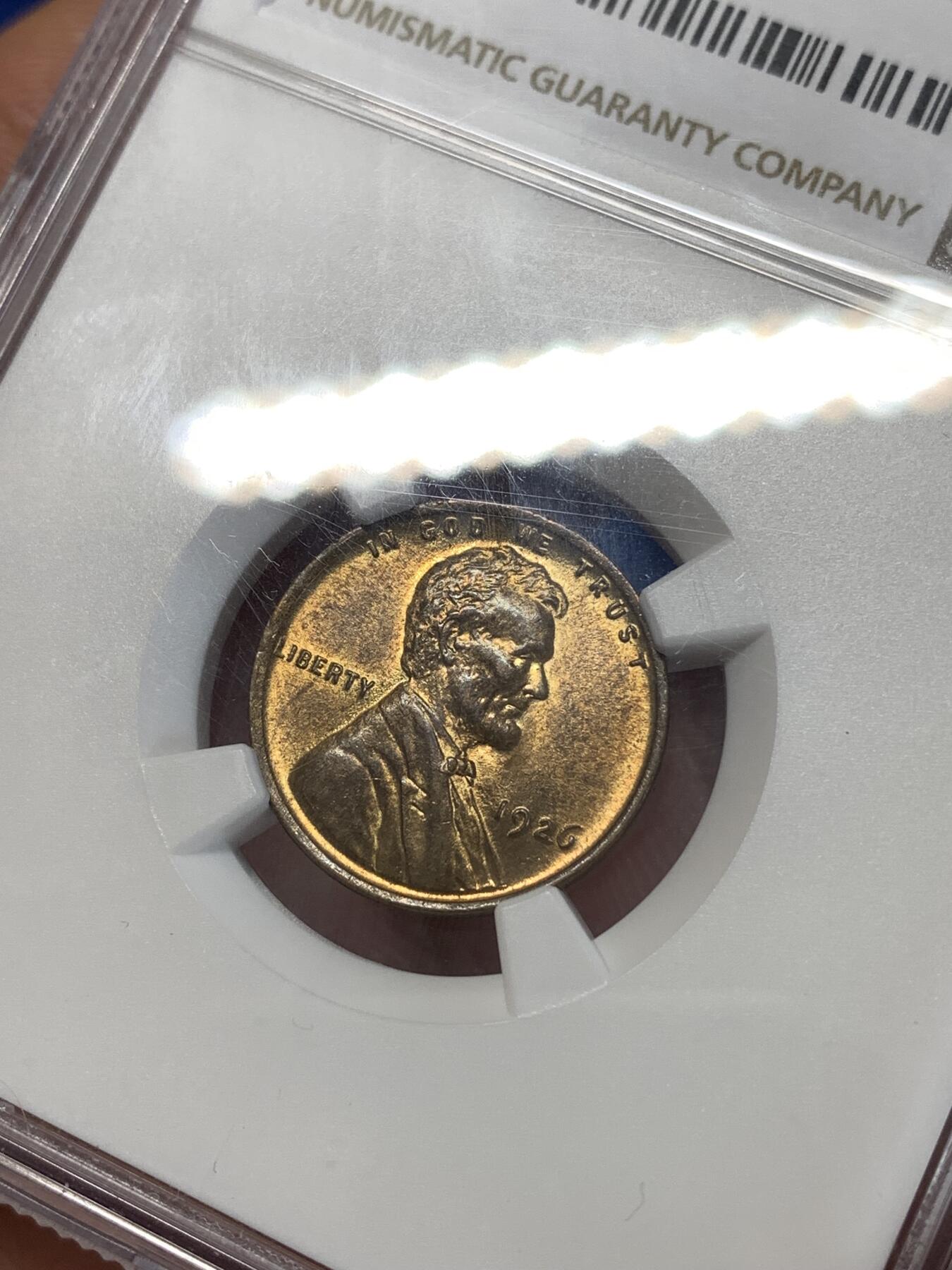 《竞宝斋》第277场- 周日，周一 2场连拍 （全场包邮） NGC MS63RB 1926美国无厂标麦穗1分 铜光自然 细节好 早期的麦穗好品的现在已经非常少了