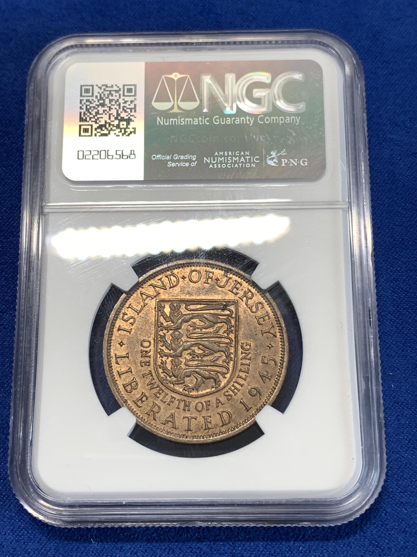 《竞宝斋》第277场- 周日，周一 2场连拍 （全场包邮） NGC MS63BN 英属泽西1945年伊丽莎白二世1/12先令铜币 伊丽莎白二世女王最早年份币 著名骡币