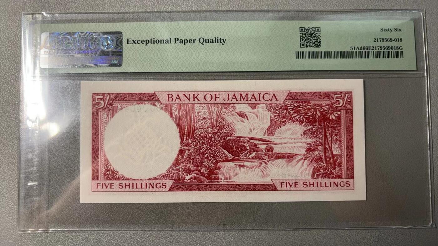 【Blue Auction】✨世界纸币精拍第489期【精】 牙买加 1960年5先令 女王 背面瀑布 风景唯美 PMG66EPQ